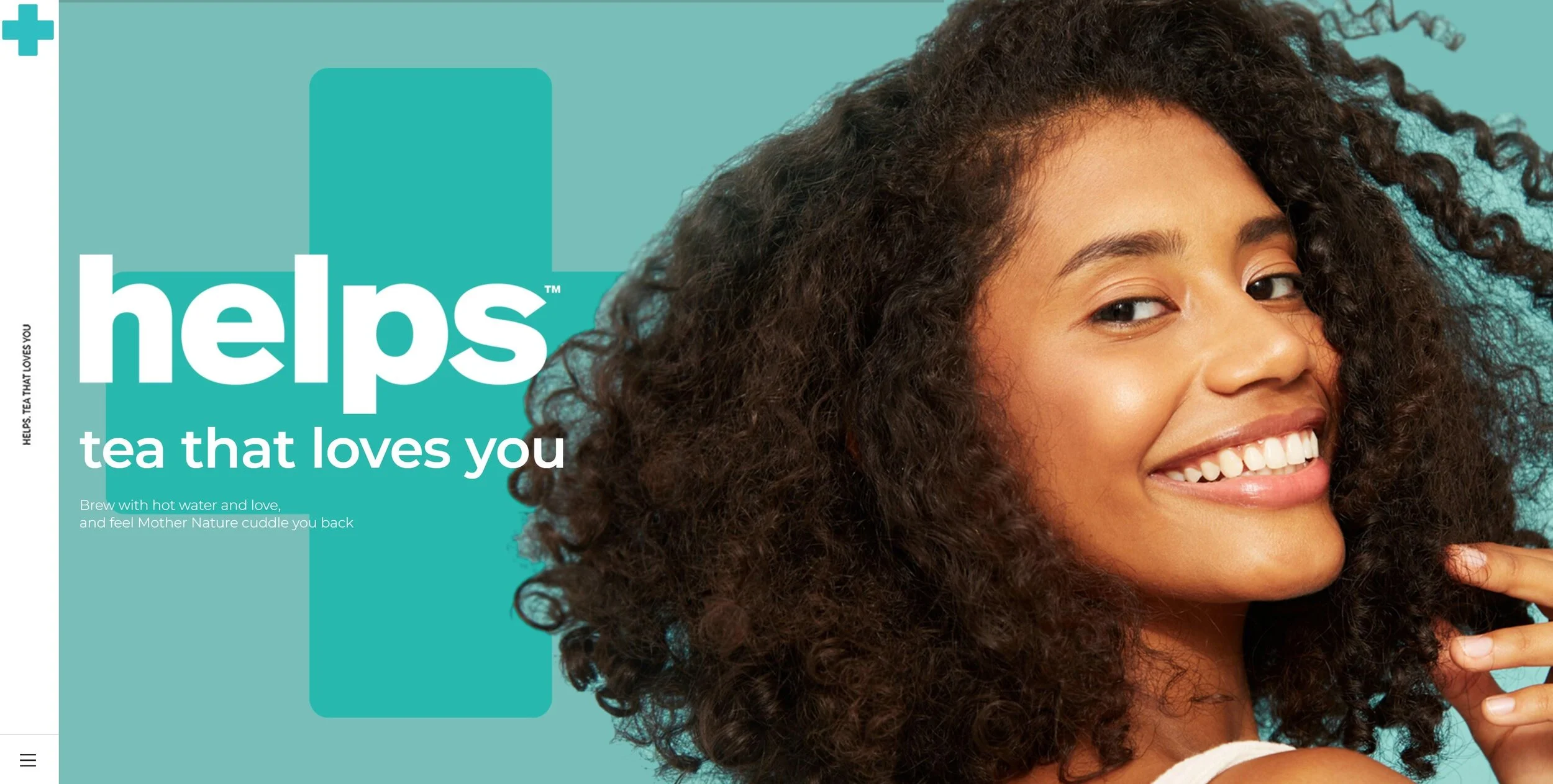 Young woman with curly hair smiling, holding her chin, set against a turquoise background with white and darker turquoise text that reads 'helps tea that loves you'.