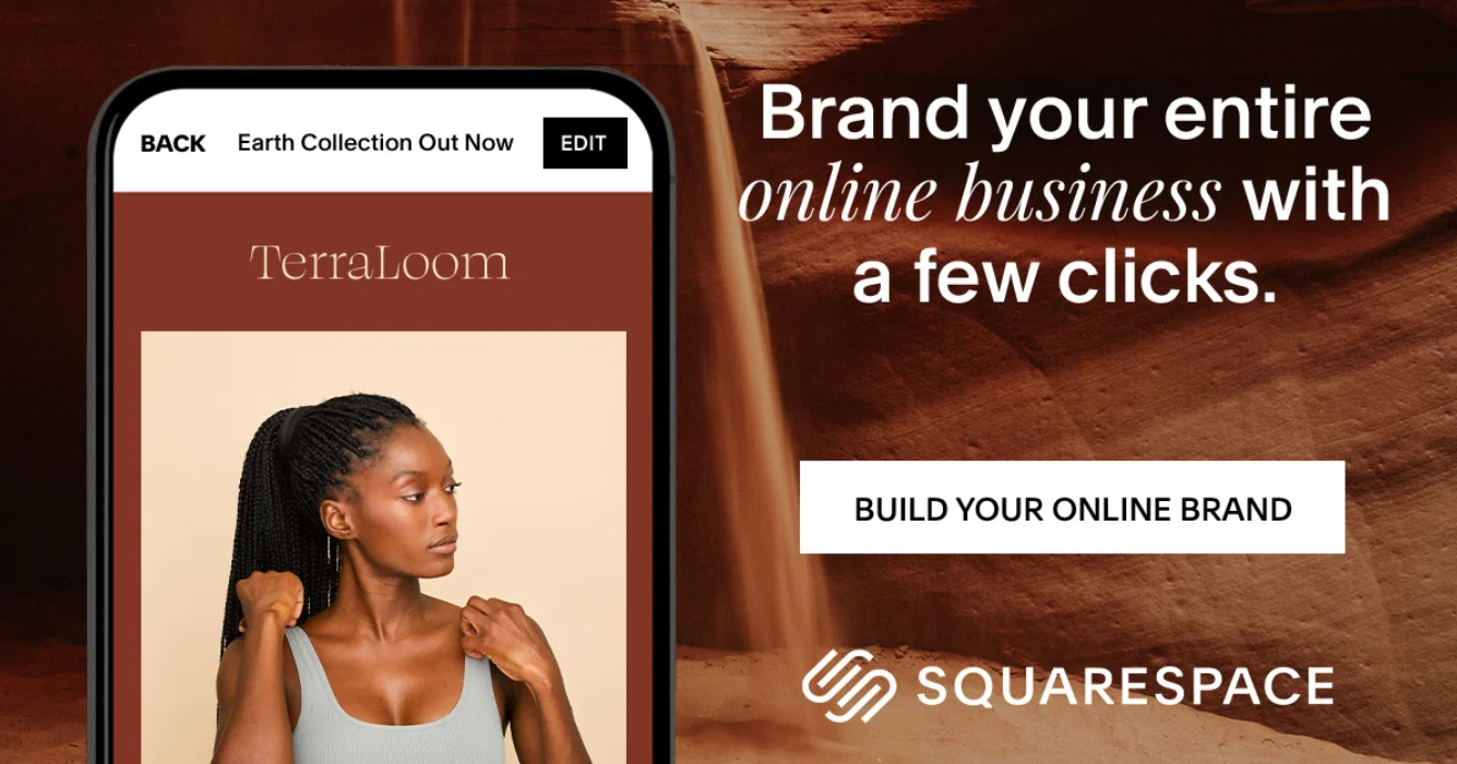 Promotional graphic for Squarespace showing a mobile phone screen with an online business platform and a woman looking to the side, with text encouraging online branding and a button to build an online brand.