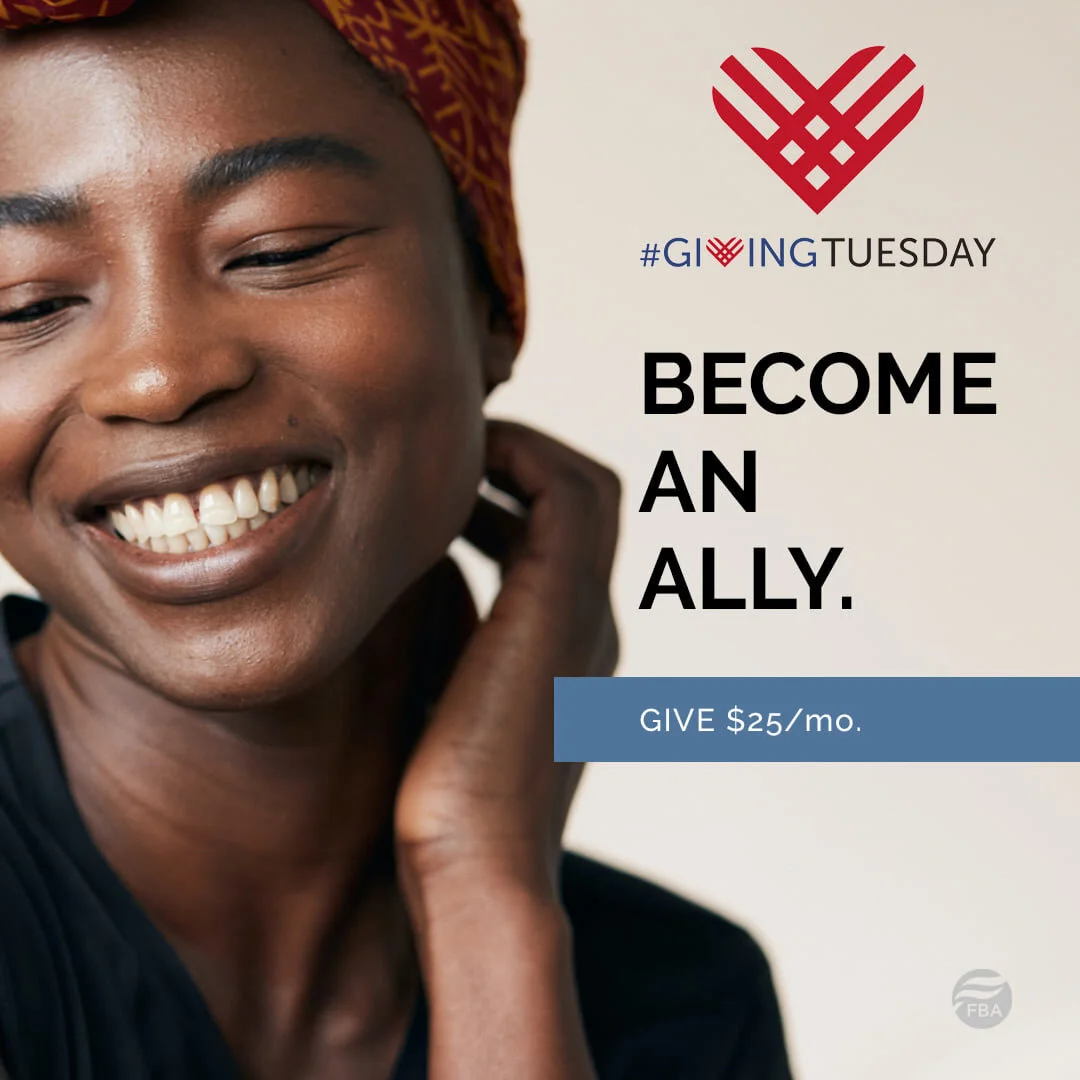 A smiling person wearing a colorful headwrap and black top with text promoting Giving Tuesday, encouraging people to become allies by donating $25 per month.
