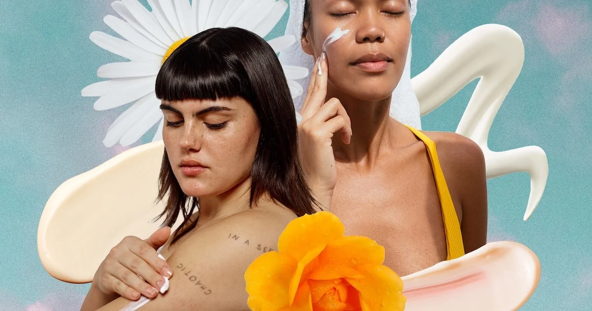 Two women with closed eyes surrounded by floral and abstract elements.
