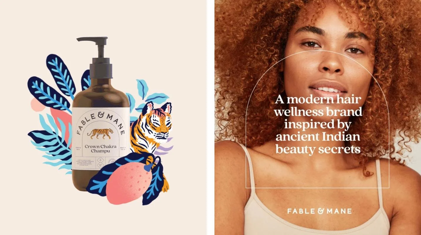 A side-by-side image featuring a bottle of Fable & Mane Crown Chakra Champu with a tiger illustration and botanical elements on the left. On the right, a woman with curly hair smiling, with an overlay text that reads 'A modern hair wellness brand ins