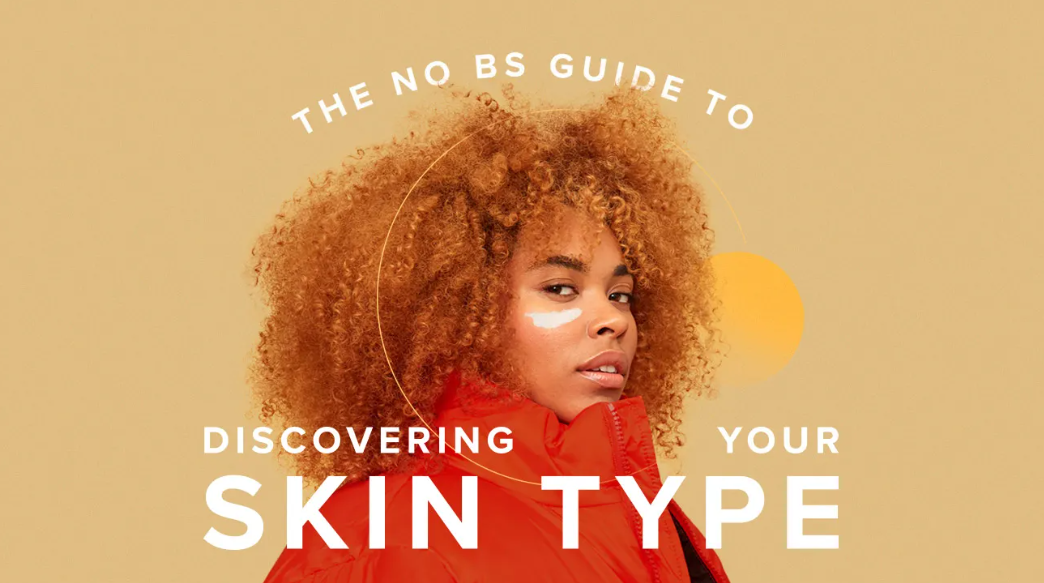 A woman with curly hair wearing a red jacket looks to the side against a beige background, with text overlay about discovering your skin type.