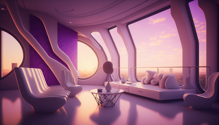 Modern futuristic living room with curved windows showing a sunset sky, minimalistic furniture, and a purple accent wall.