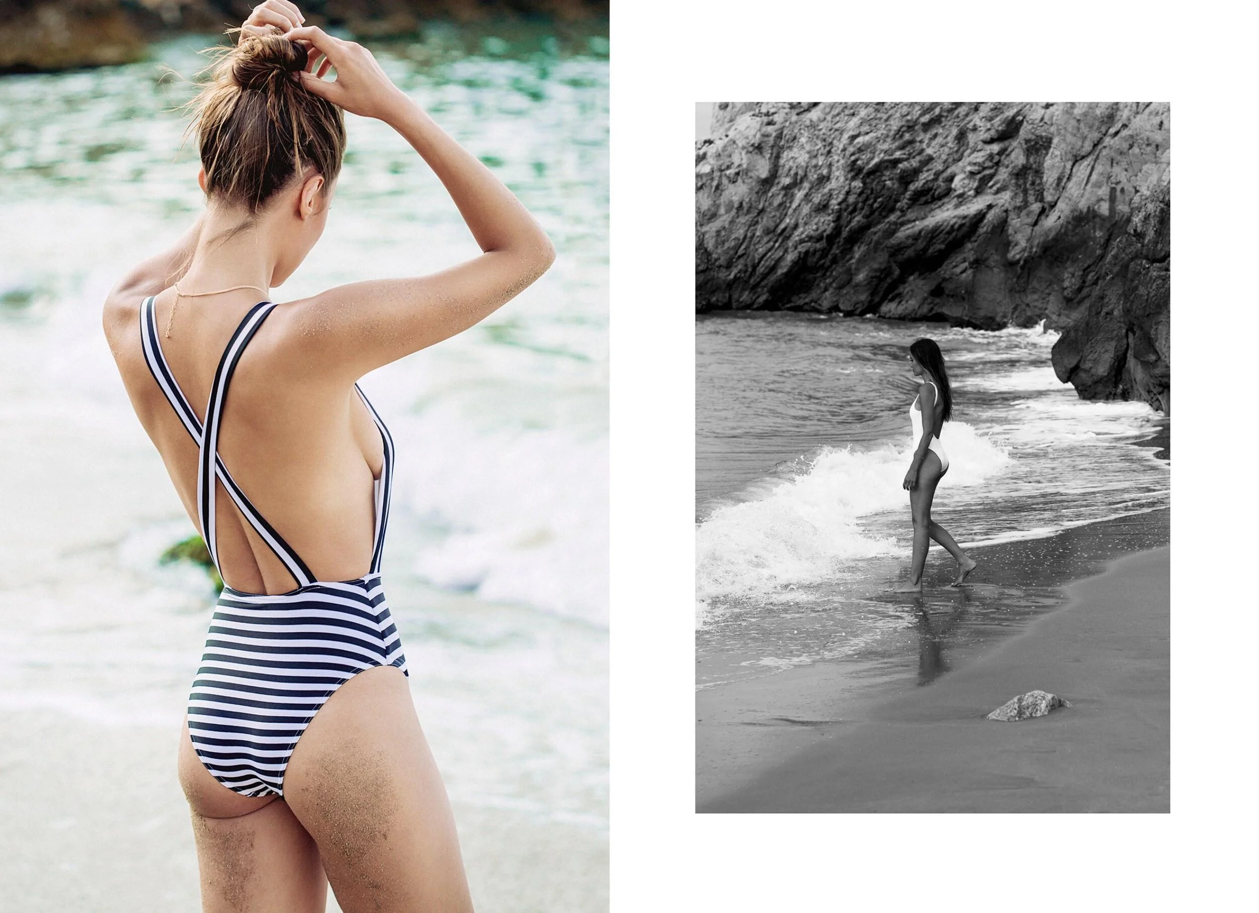 A woman in a striped swimsuit is standing on the beach with her back to the camera, adjusting her hair. Next to the color image, there is a black and white photo of the same woman, facing the ocean near a rocky cliff, walking in the shallow water.