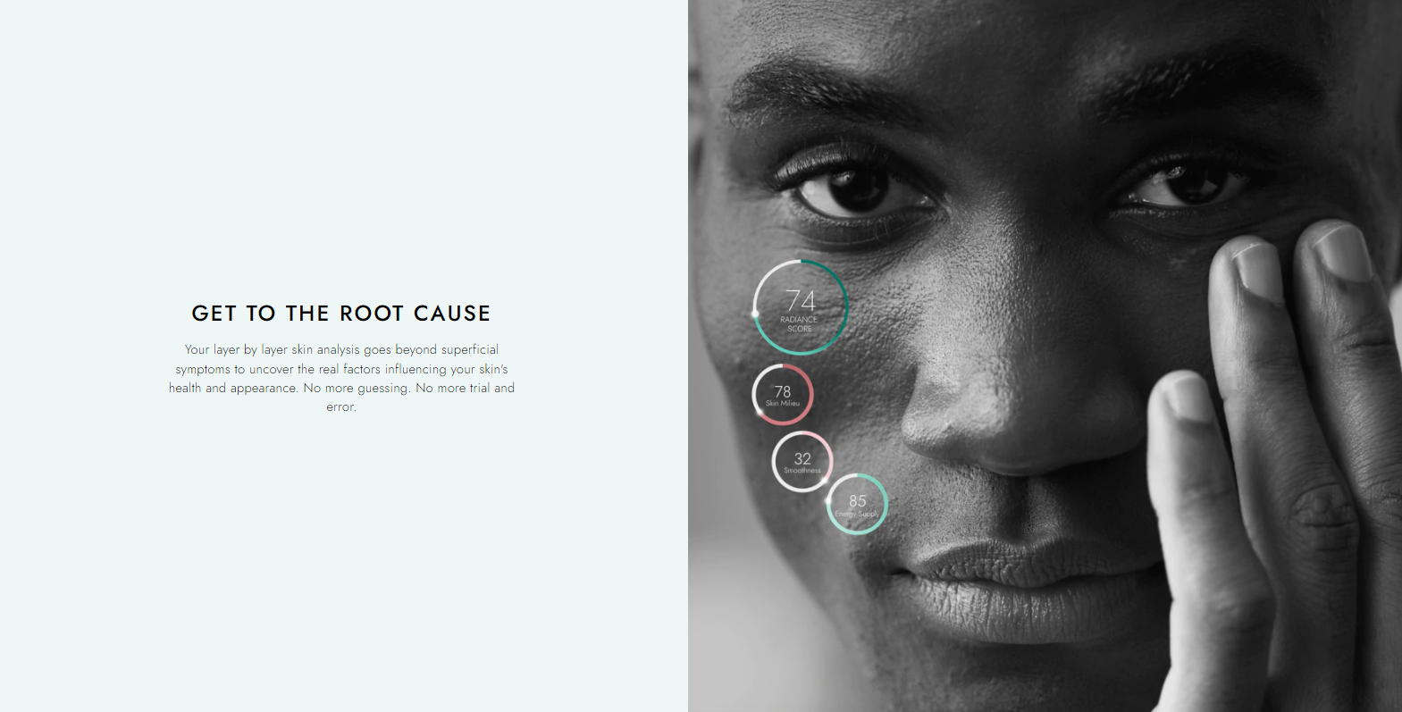 Close-up black-and-white photo of a person touching their face with their fingers, showing skin analysis metrics on the side including radiance score, skin milieu, smoothness, and energy supply.