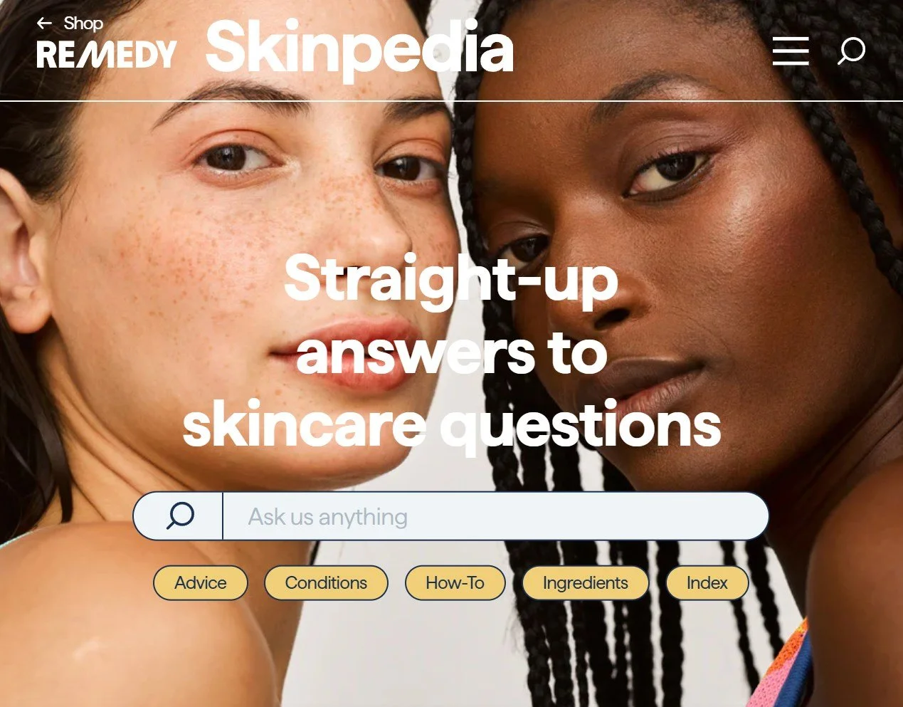 Close-up of two women with different skin tones and skin types, smiling softly, promoting skincare advice on Skinpedia website.