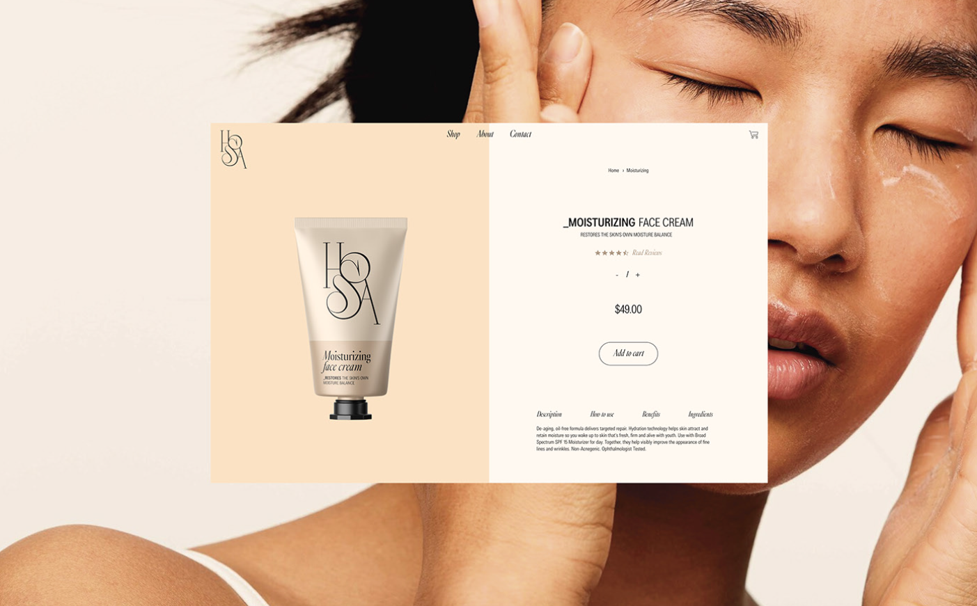 A woman with hands near her face applying moisturizer, with a close-up view of her face. Overlaid is a webpage displaying a moisturizing face cream for sale, showing the product image, name, price, and purchase options.