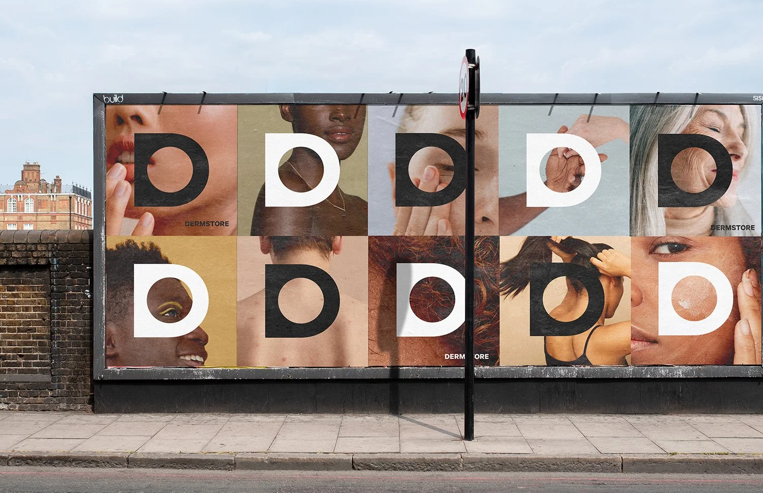 Billboard advertisement displaying various close-up images of diverse people's faces with large black and white letters spelling D D D D D D and some smaller text reading 'DERMSTORE'.
