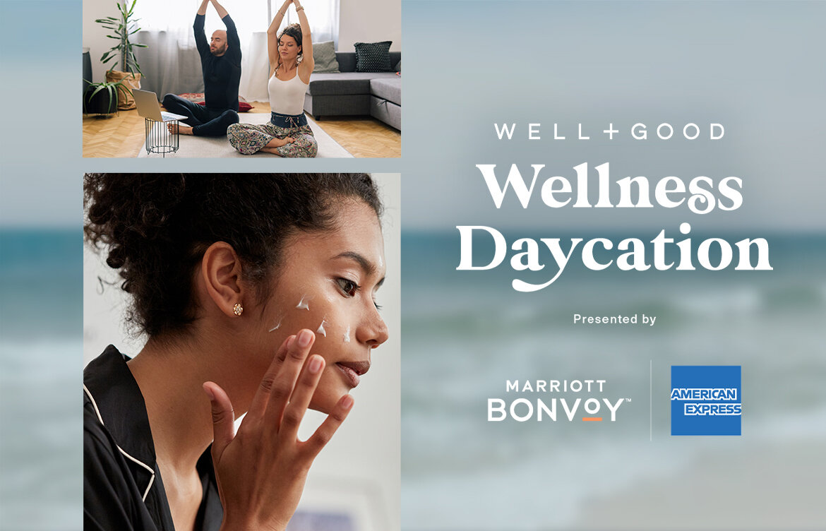 Two people in a living room practicing yoga, sitting cross-legged with arms raised, and a woman applying skincare with a beach scene in the background promoting wellness and skincare.