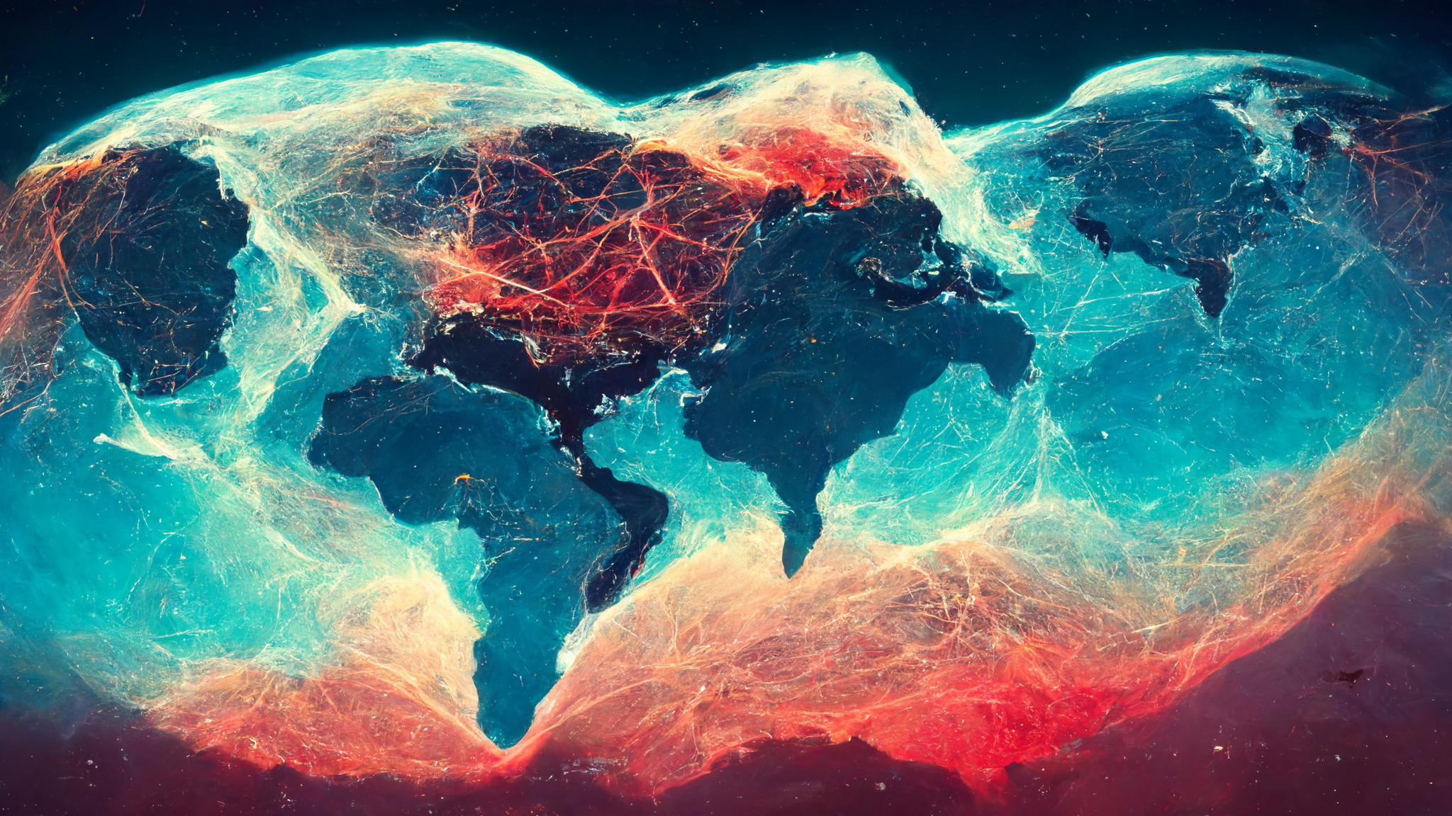 A digital illustration of a world map with continents depicted in dark colors, overlaid with bright, interconnected lines resembling a network, set against a vibrant, cosmic background with swirling colors.