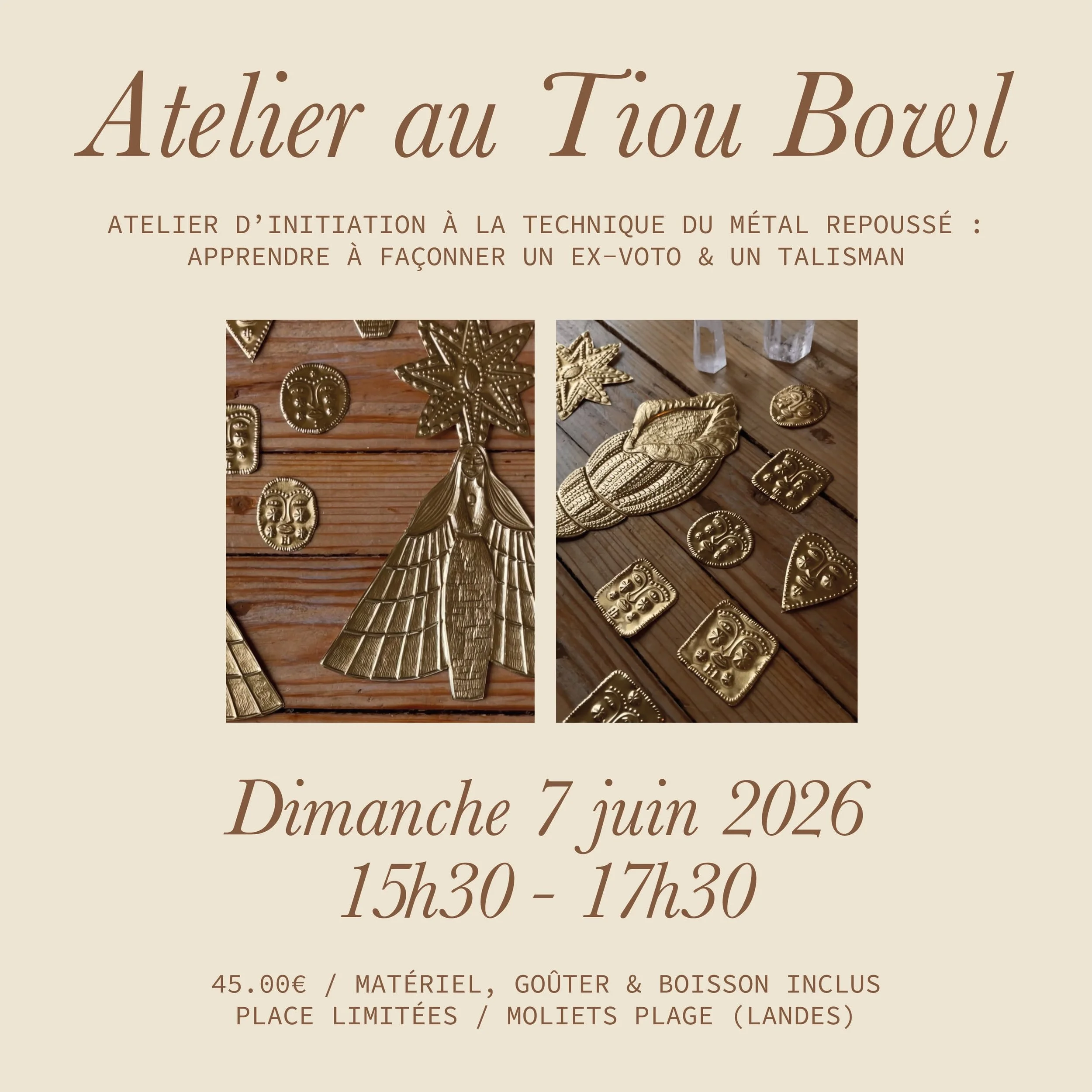 LANDES &bull; Rendez-vous le dimanche 7 juin prochain au @tioubowlmoliets &agrave; Moliets plage pour un temps cr&eacute;atif tout doux autour de la technique du m&eacute;tal repouss&eacute;. Sentez-vous libres de nous &eacute;crire pour tout renseig