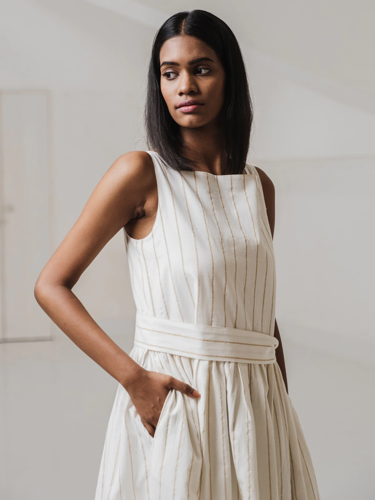 Gaura Gold Stripe Square Neck Midi Dress