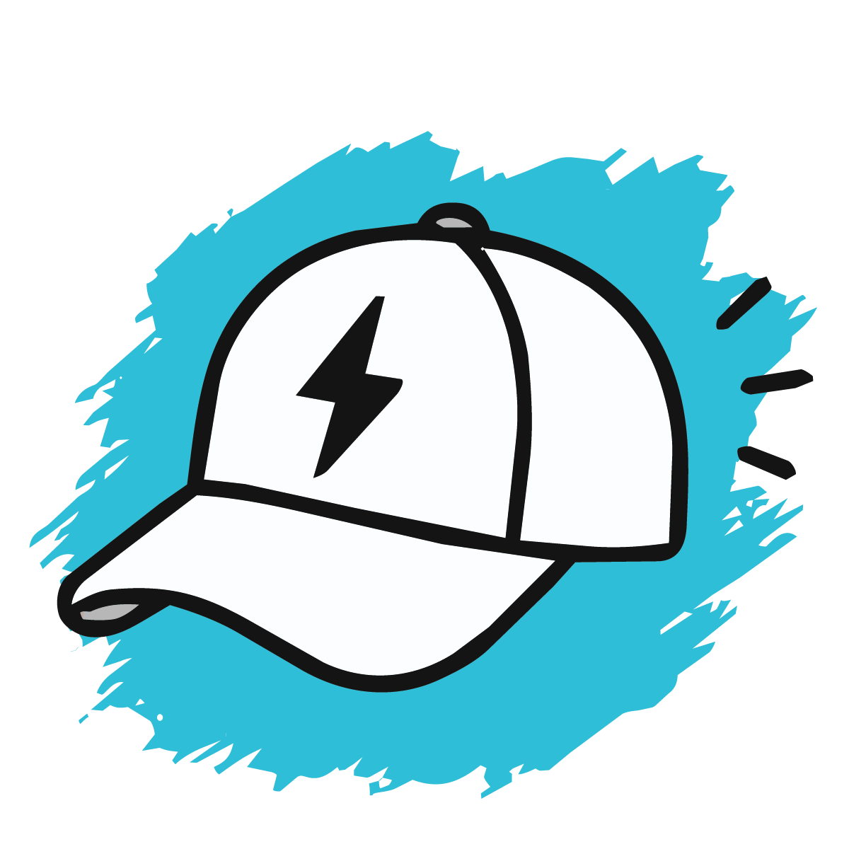 Drawing of a baseball cap with a lightning bolt symbol on the front, placed on a blue scribbled background.