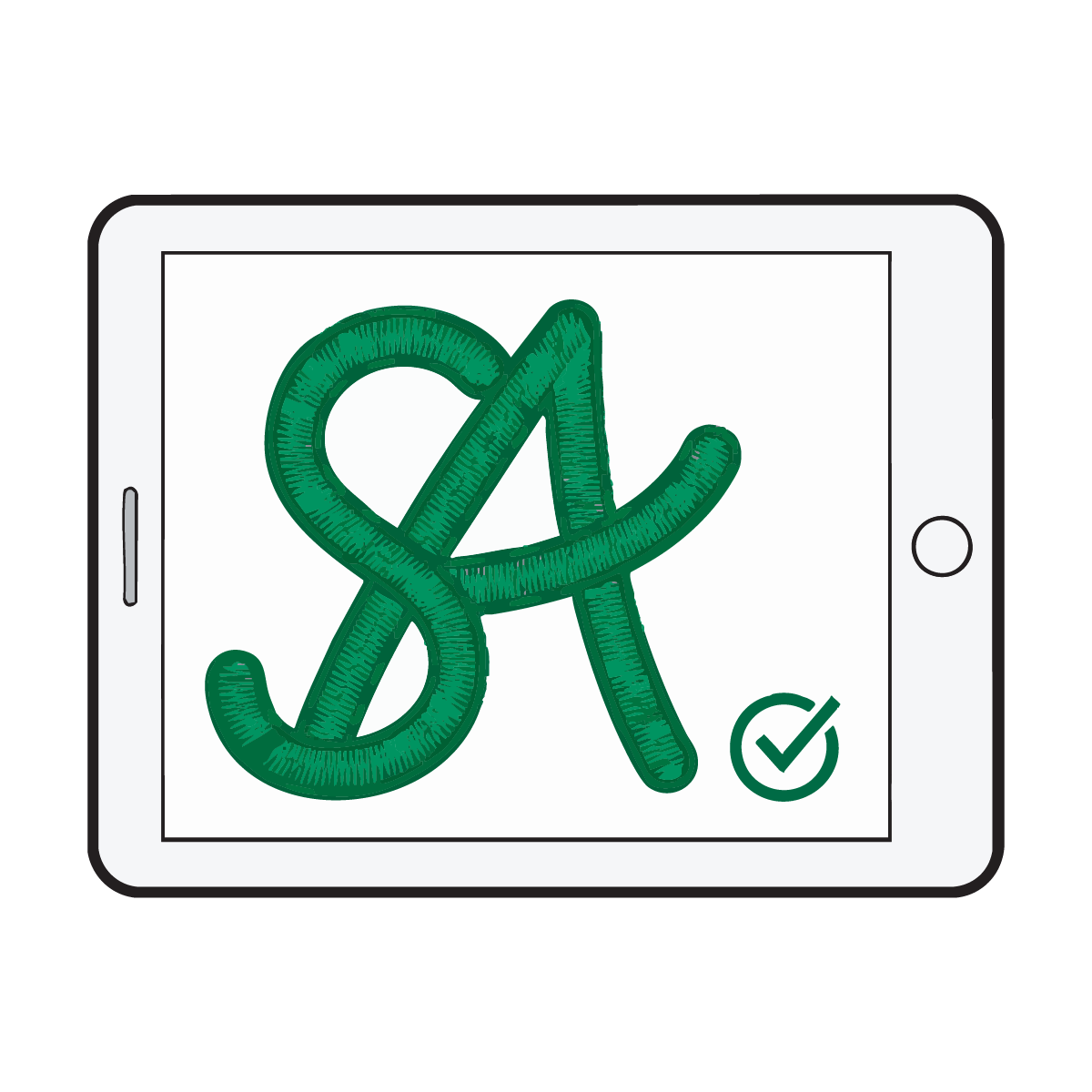 Illustration of a tablet screen displaying a green, digitized intertwined  embroidery design and checkmark symbol.