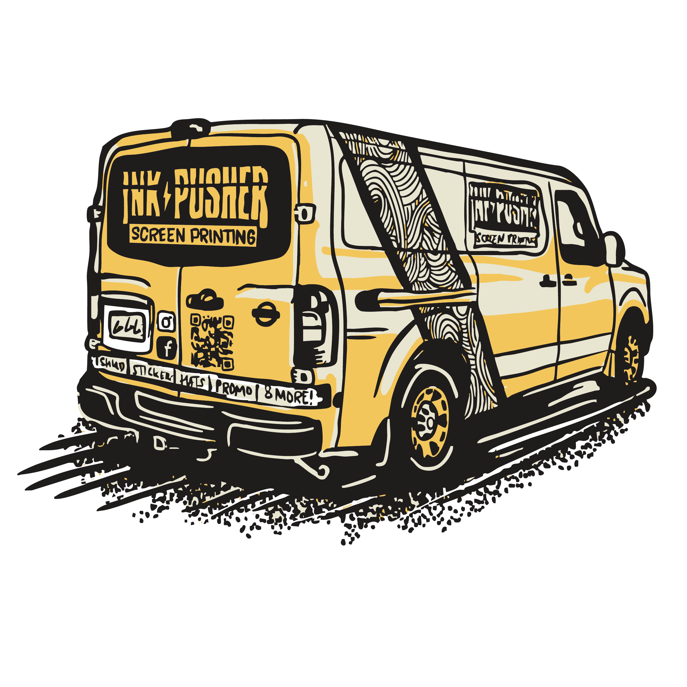 Illustration of a delivery van labeled 'INK PUSHER SCREEN PRINTING' with additional text about services like 't-shirts, mugs, stickers, promos, and more'.