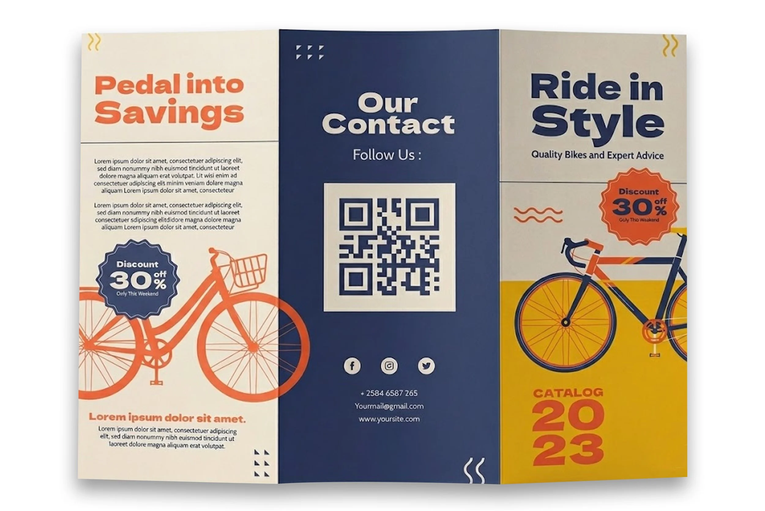 A flyer promoting a bicycle shop with sections about discounts, contact information, and a bicycle illustration.