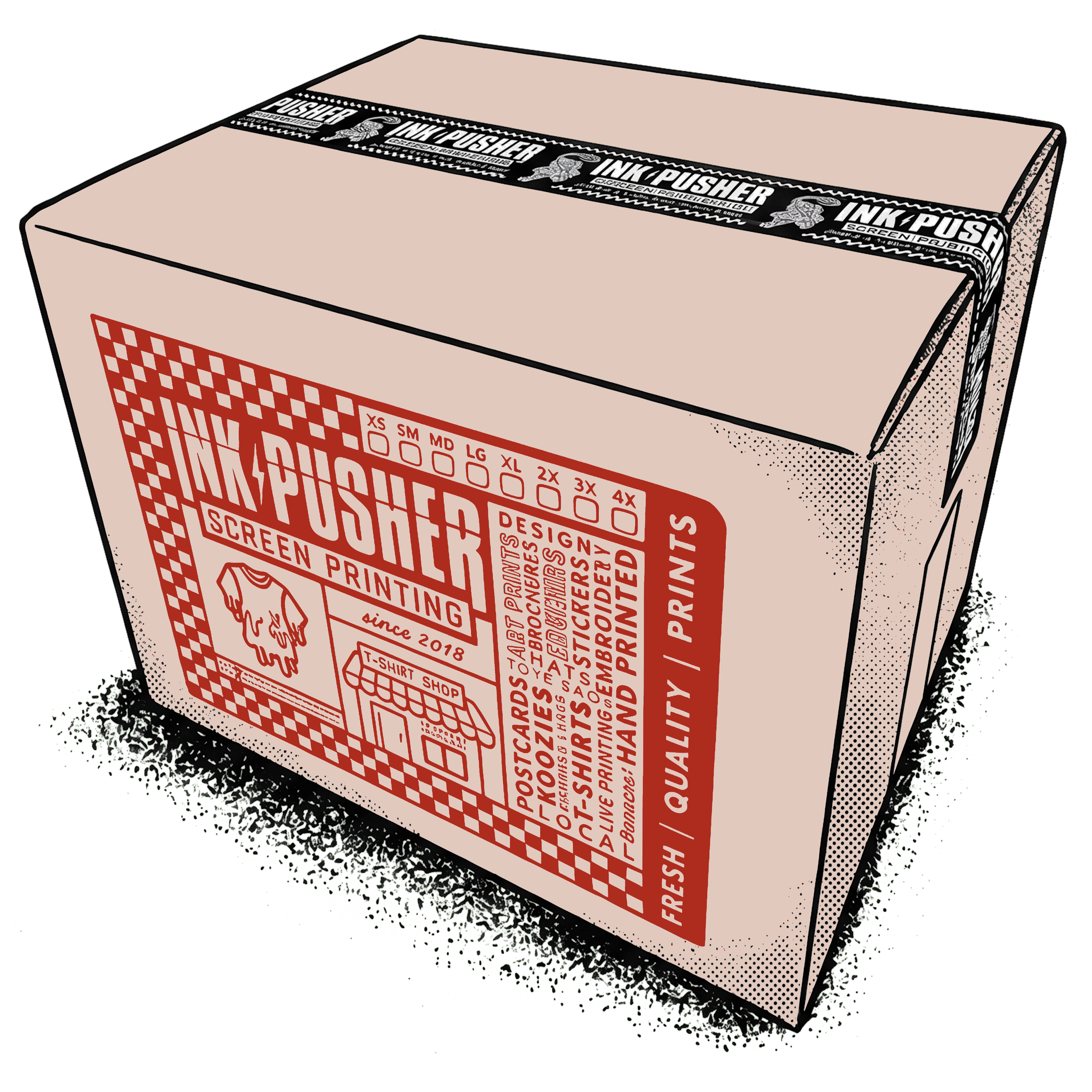 A cardboard box with labels and text, including a strip of black tape with silver text and images that say "IN Pusher" and "Green Pusher." The box appears to be packaging for printing materials.