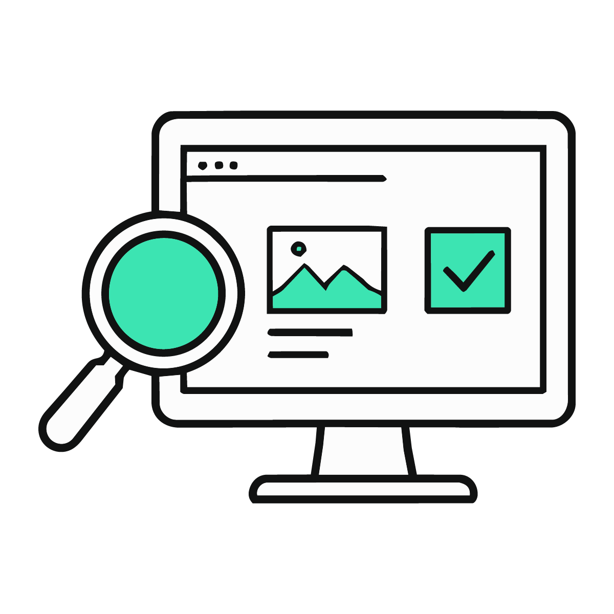 Computer monitor displaying a web page with a mountain image and a checkmark, a magnifying glass inspecting the screen.
