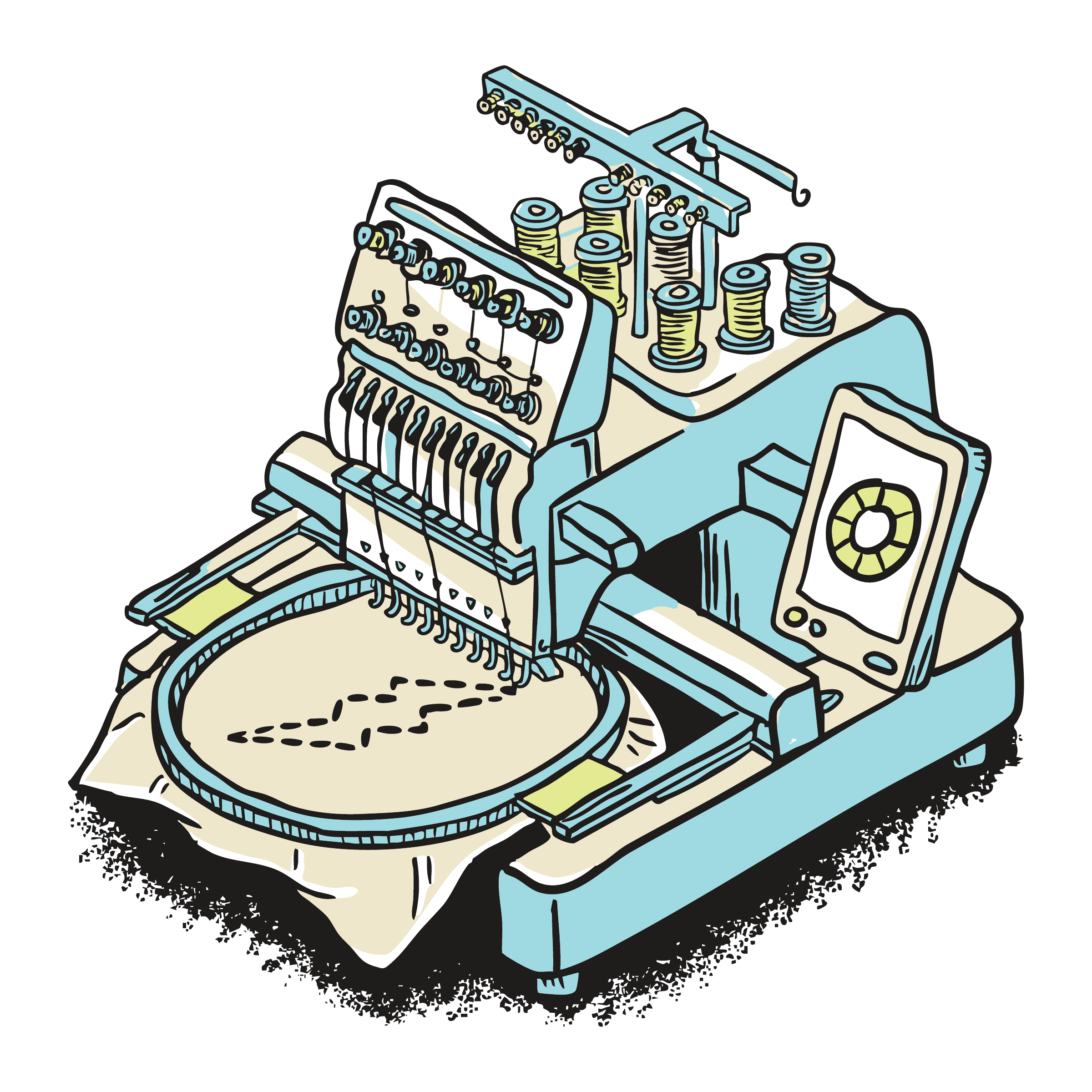 Illustration of a vintage embroidery machine with spools of thread, showing an image being stitched.