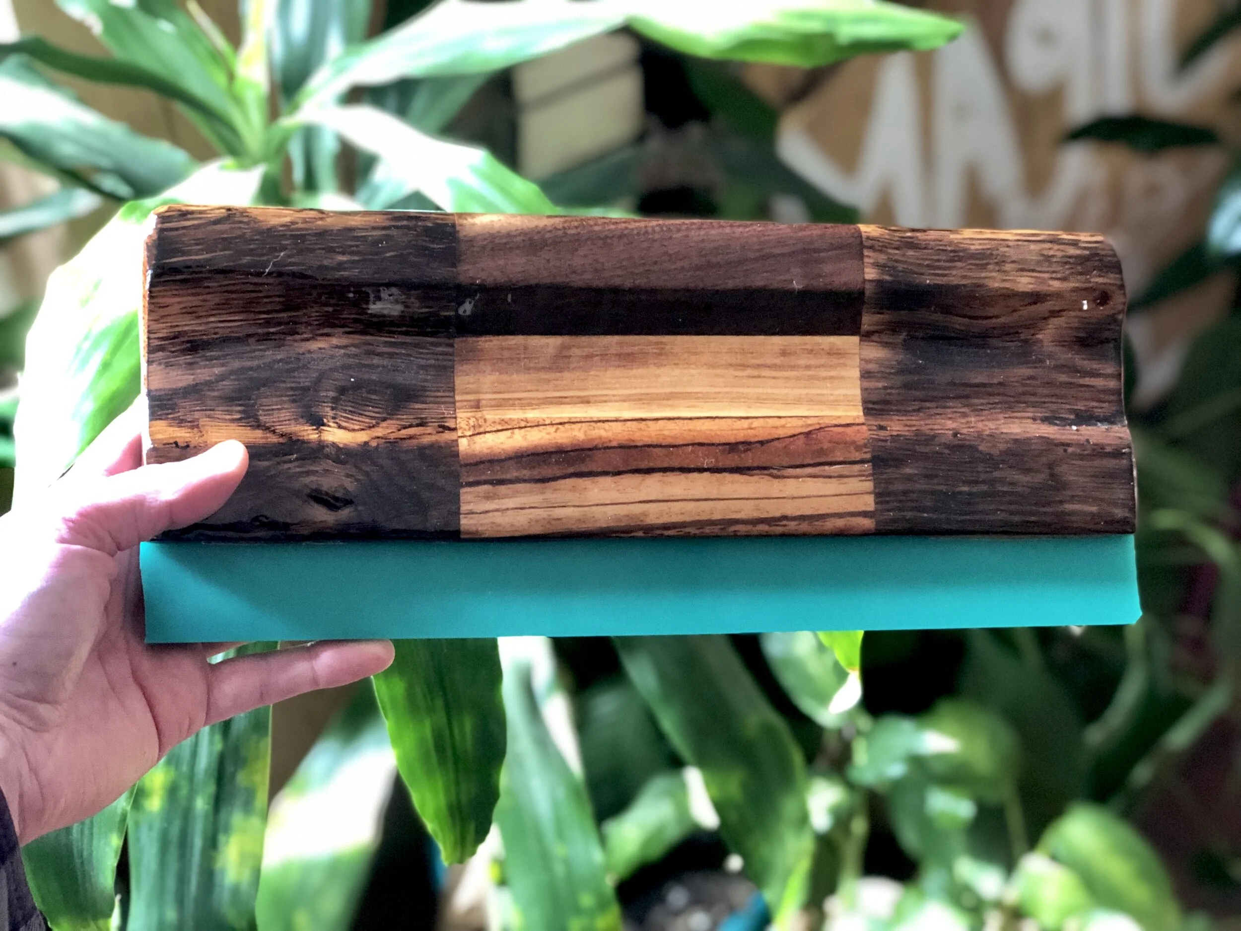 Close-up of a rectangular wooden squeegee held by hand, with a green plant with large leaves in the background.