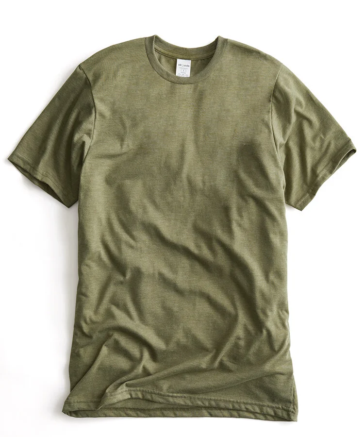 An olive green short-sleeve T-shirt lying flat on a white background.