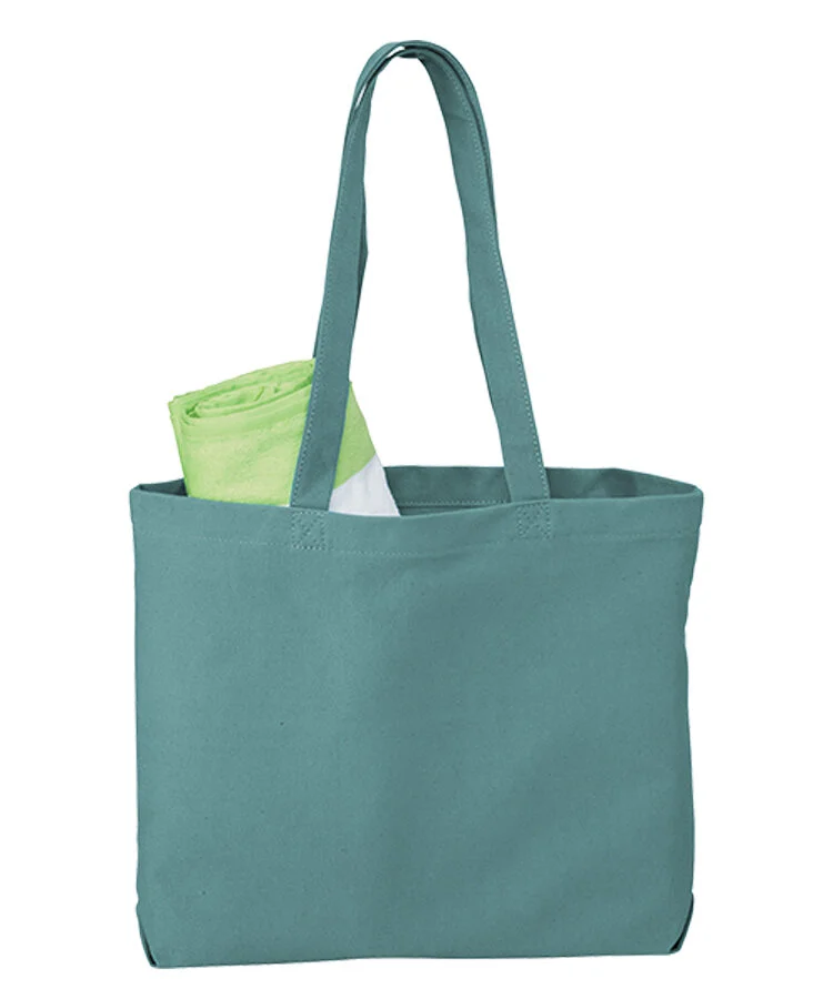 A teal canvas tote bag with rolled handles, containing a rolled lime green towel inside.