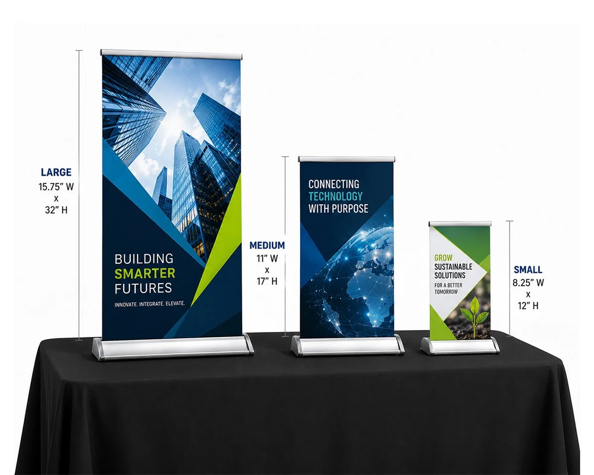 Three vertical banners on a black table displaying slogans and images related to technology and sustainability, sizes labeled as large, medium, and small.