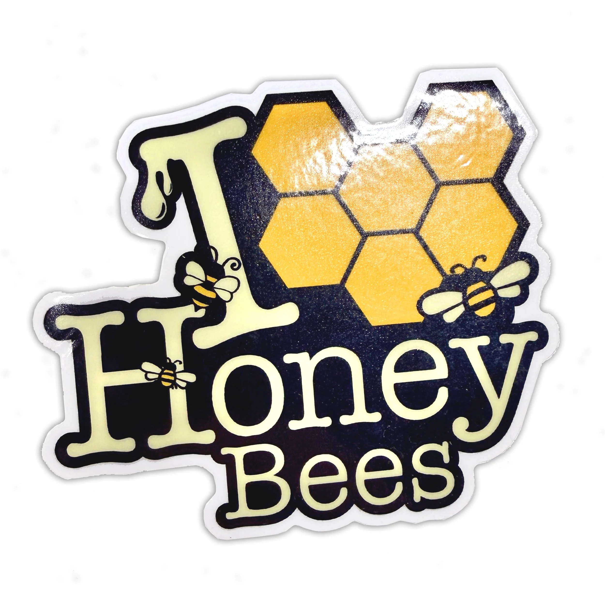 Sticker with a bee and honeycomb pattern, partially visible text reading 'Bee' and 'Honey'.