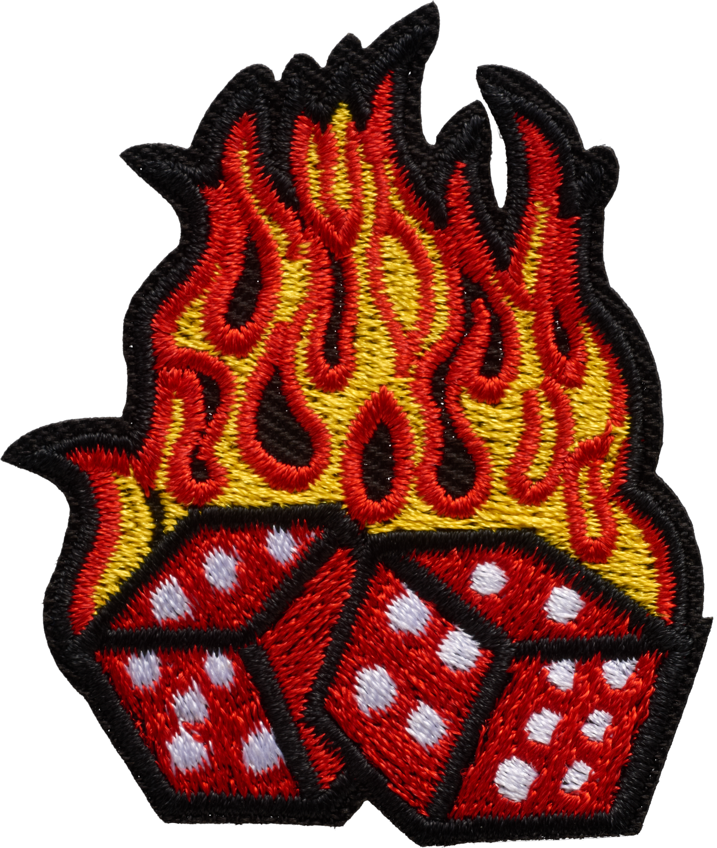 Close-up of an embroidered patch with yellow, red, black, and white thread forming a detailed flame design.