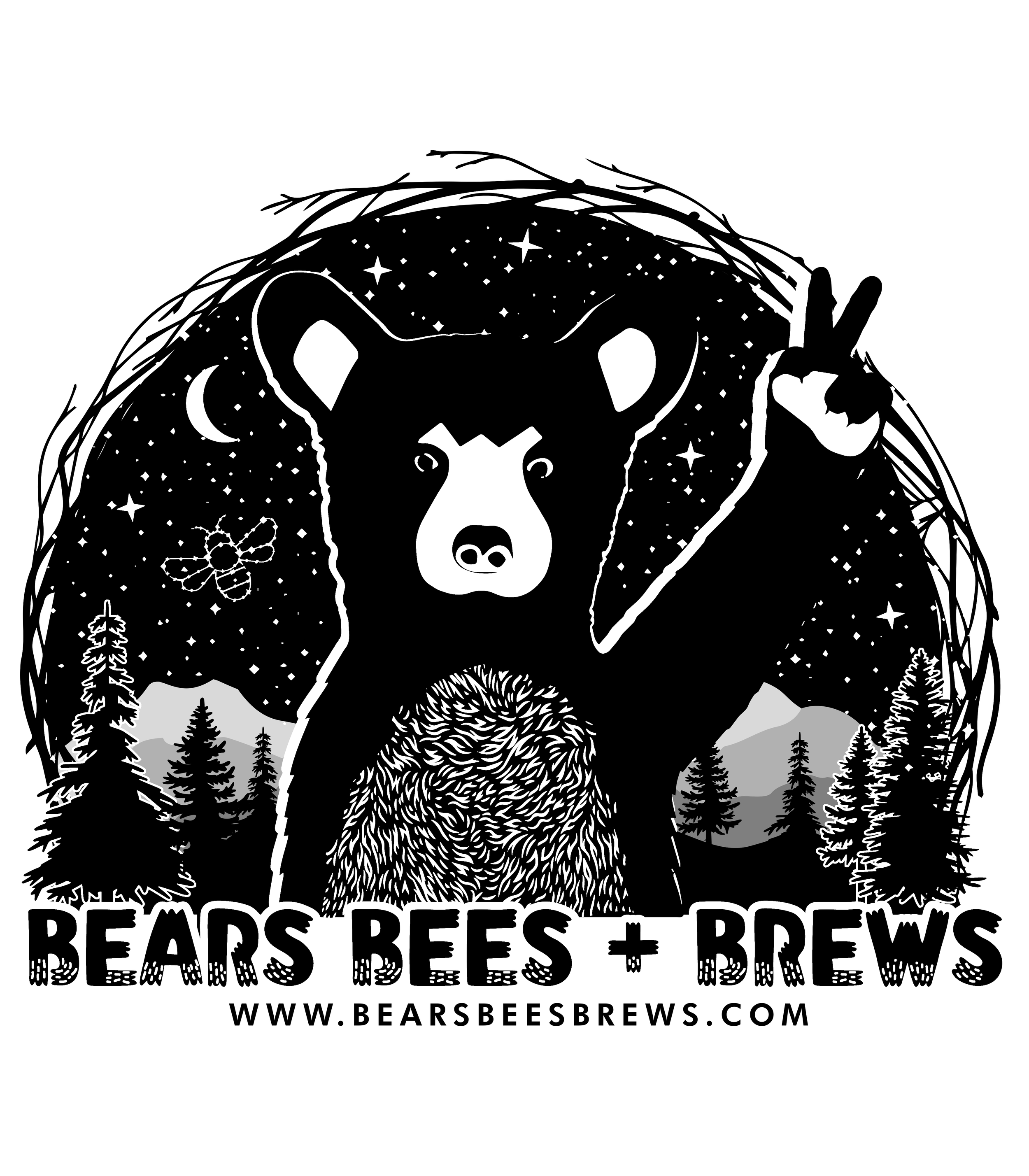 A black and white illustration of a bear's face with a mountain range and starry sky in the background.