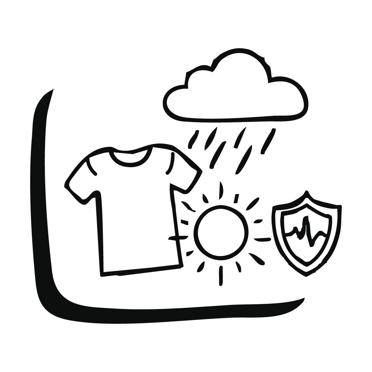 Black and white illustration of a weather app showing a rain cloud, a shirt, a sun, and a shield icon.