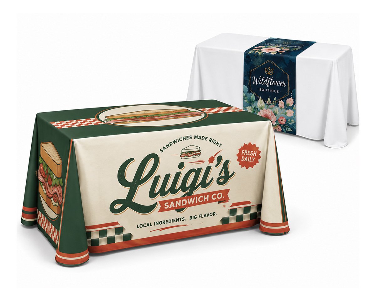 Tablecloth with Luiga's Sandwich Co branding, featuring a sandwich illustration and text about fresh daily ingredients, with a second table with a floral table runner labeled Wildflower Boutique.