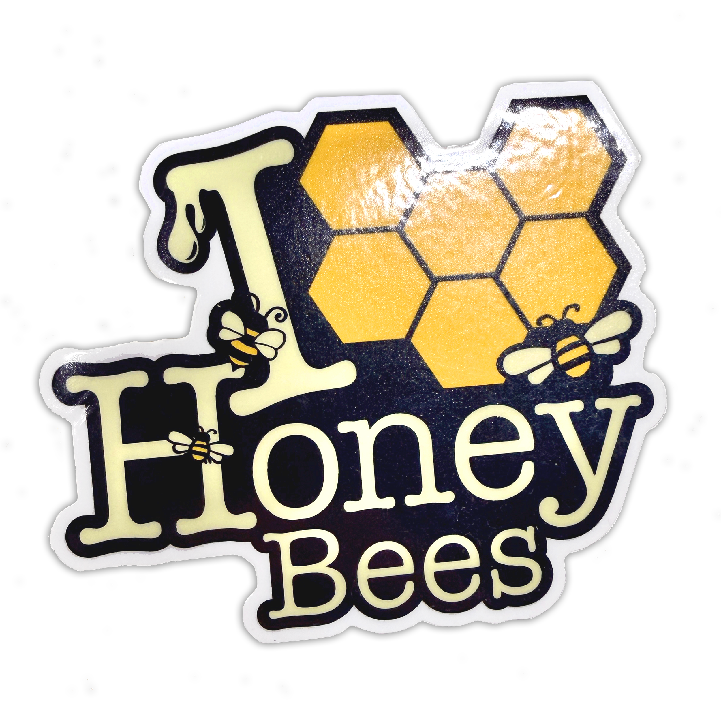 Close-up of a glossy vinyl sticker with black, yellow, and white text and design on a black background. A honeycomb pattern and bees are visible near the bottom.