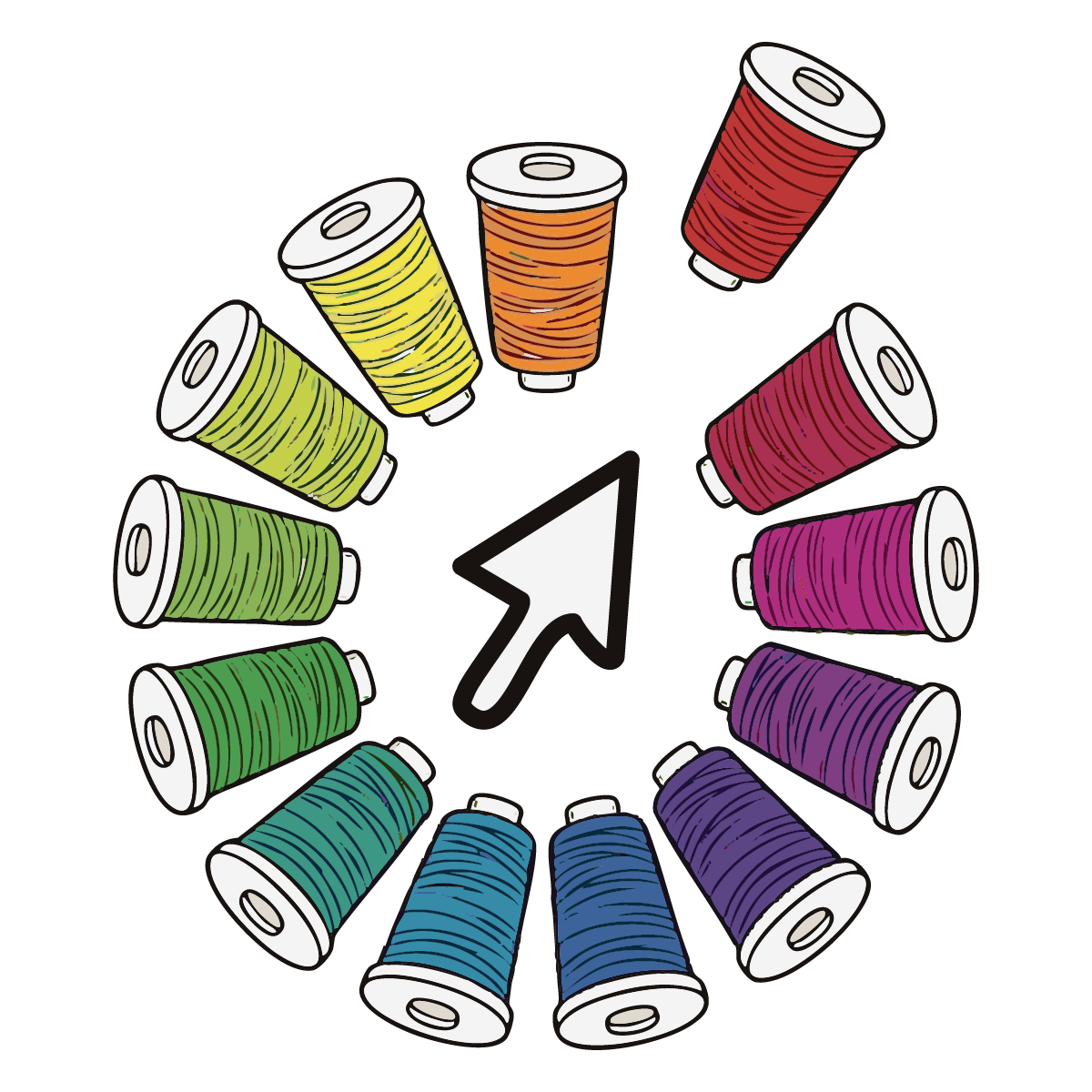 Colorful spools of thread arranged in a circle with a white arrow in the center pointing clockwise