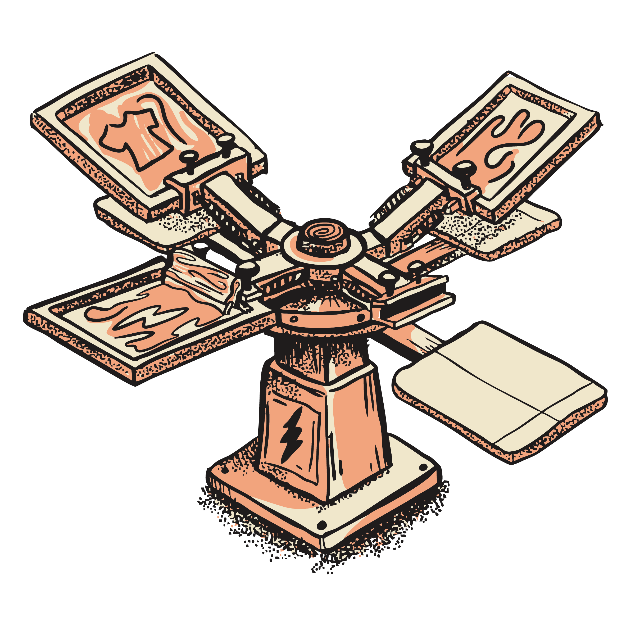 A vintage-style illustration of a manual screen printing press