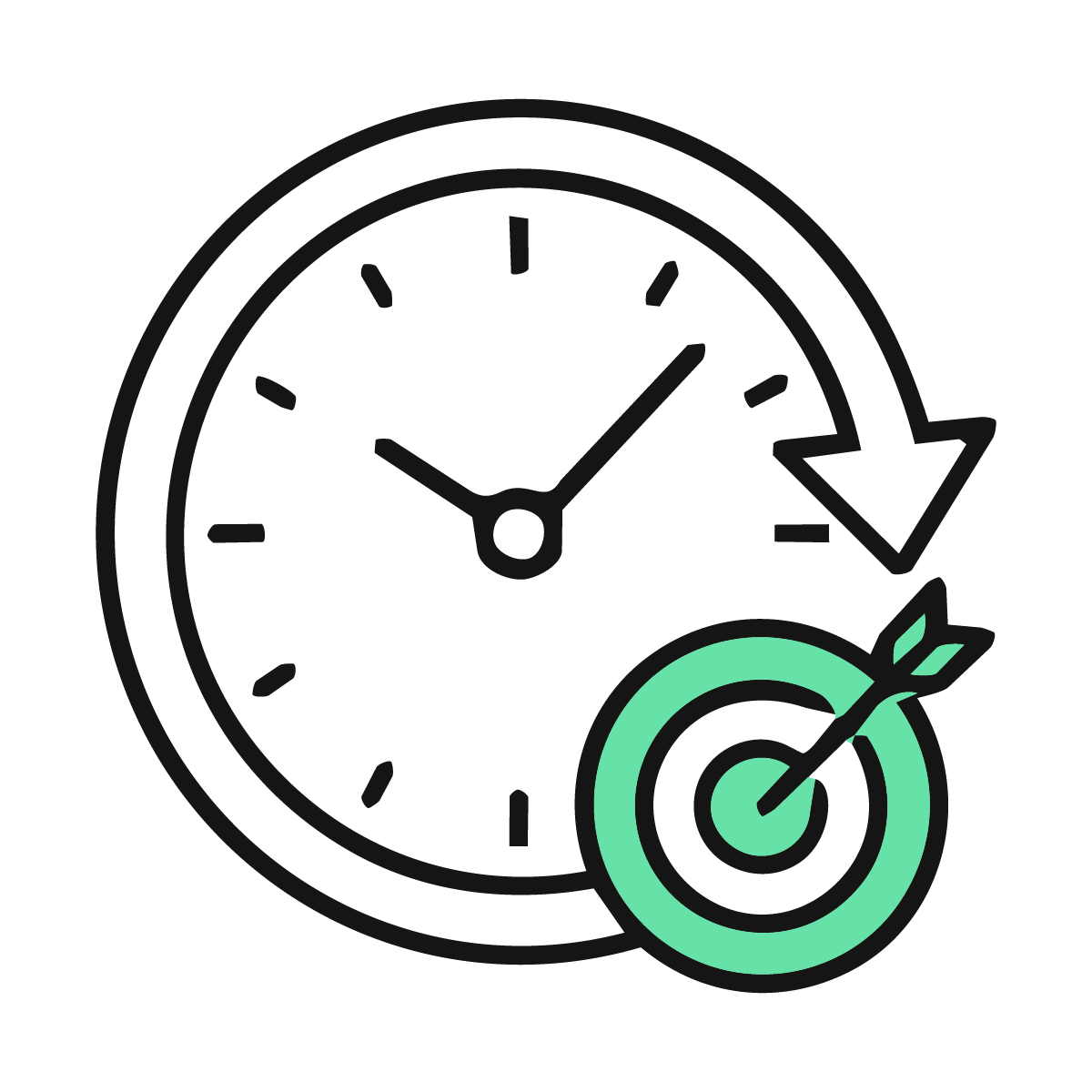 Clock showing the time at 2:10, with a target and arrow icon indicating goal achievement or time management.