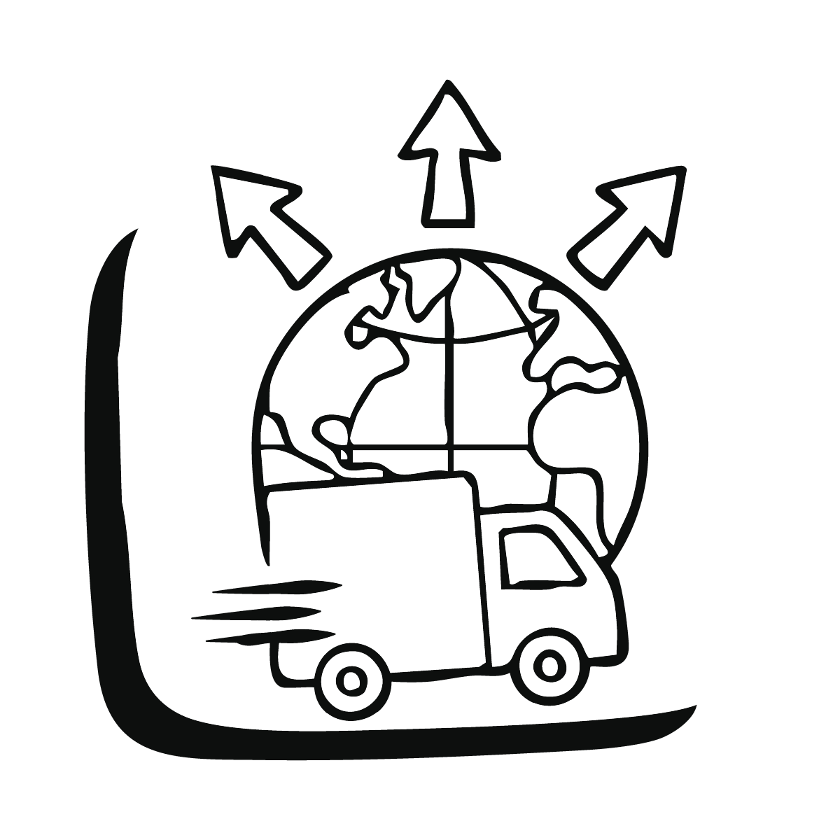 Black and white icon showing a delivery truck in front of a globe, with arrows pointing outward in four directions.