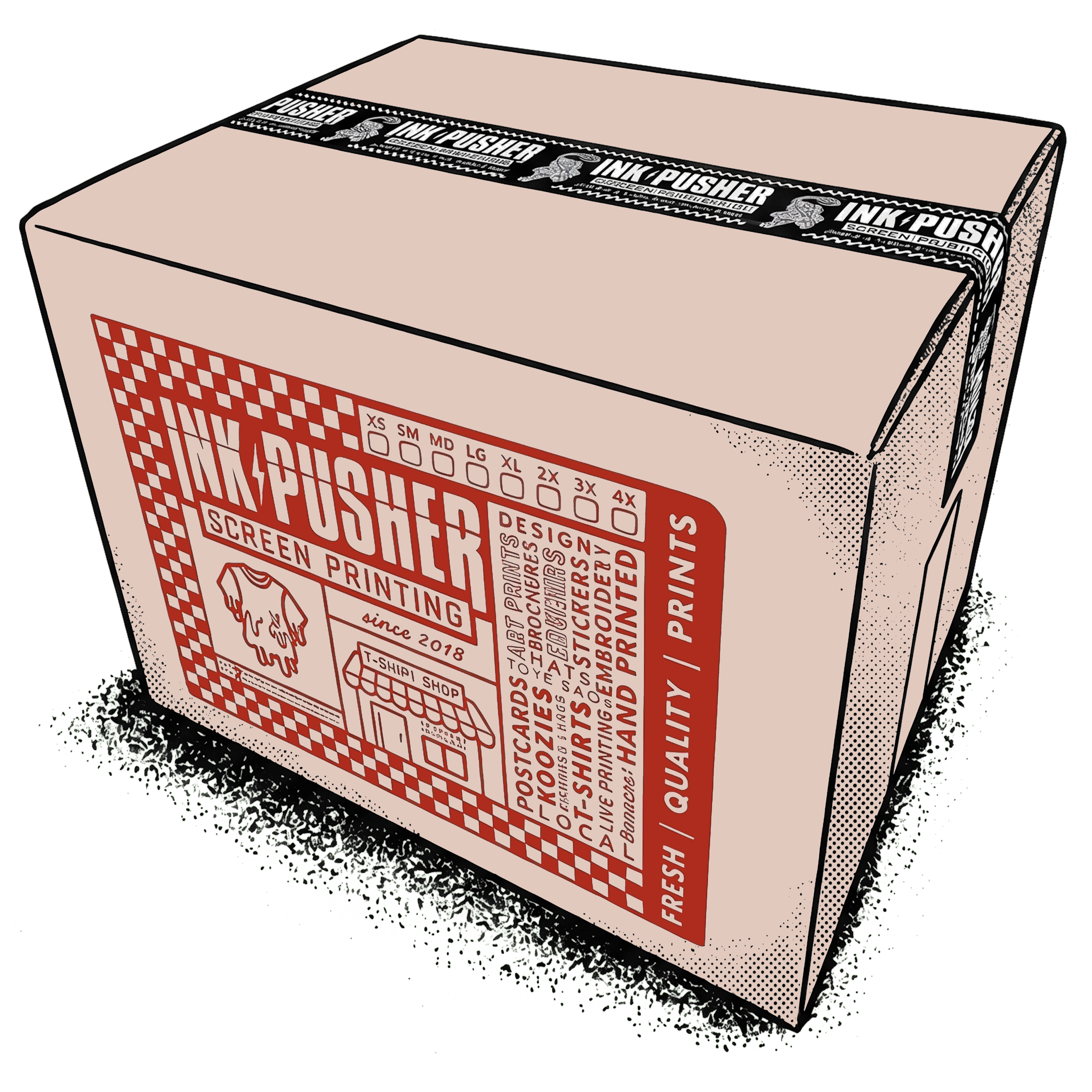 Box of printing supplies with a black and white banner that says 'INK PUSHER' and a red and white checkered pattern.