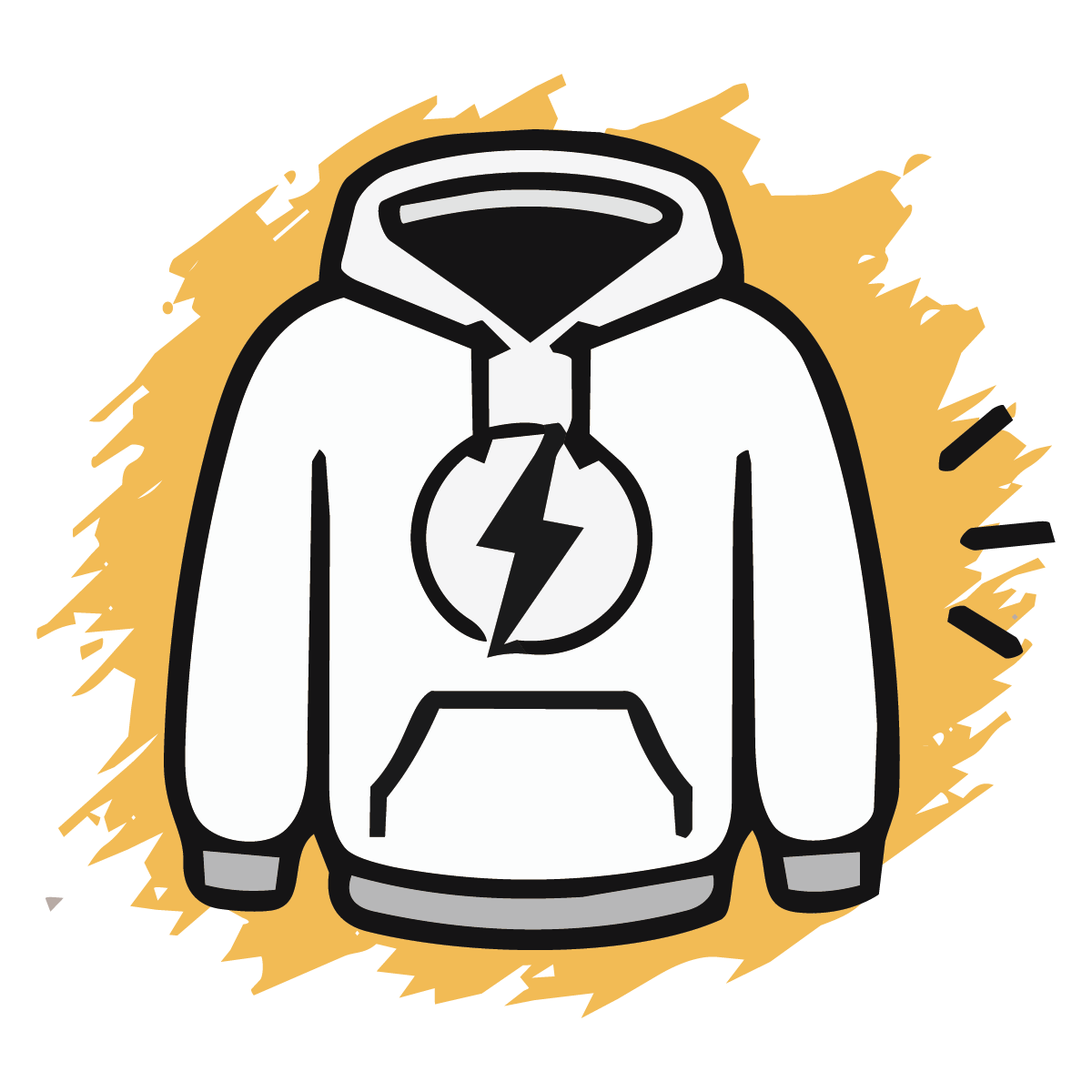 Illustration of a white hoodie with a lightning bolt logo on the chest, set against a yellow abstract background.