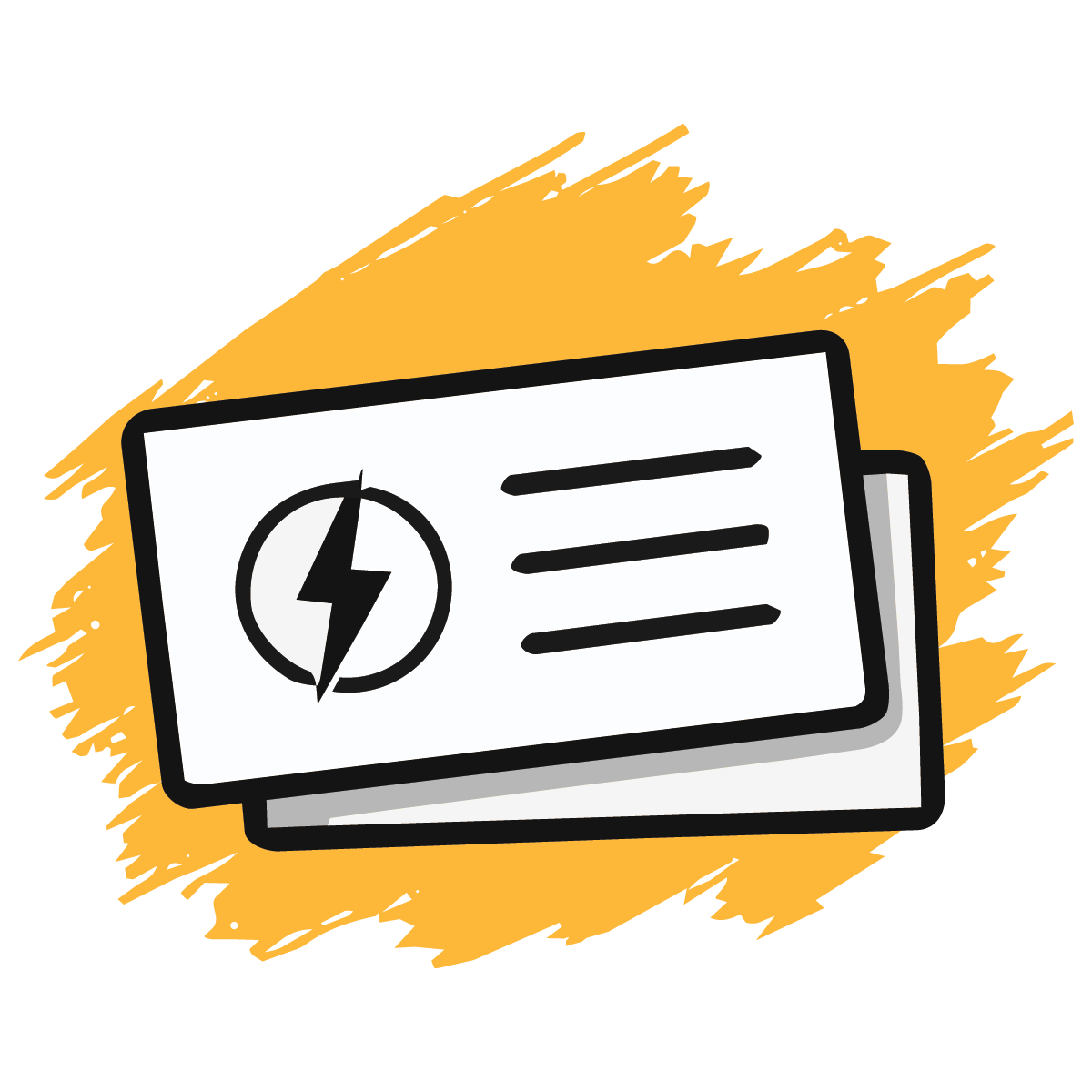 Cartoon illustration of a check with a lightning bolt symbol, three lines, and a yellow background splash.
