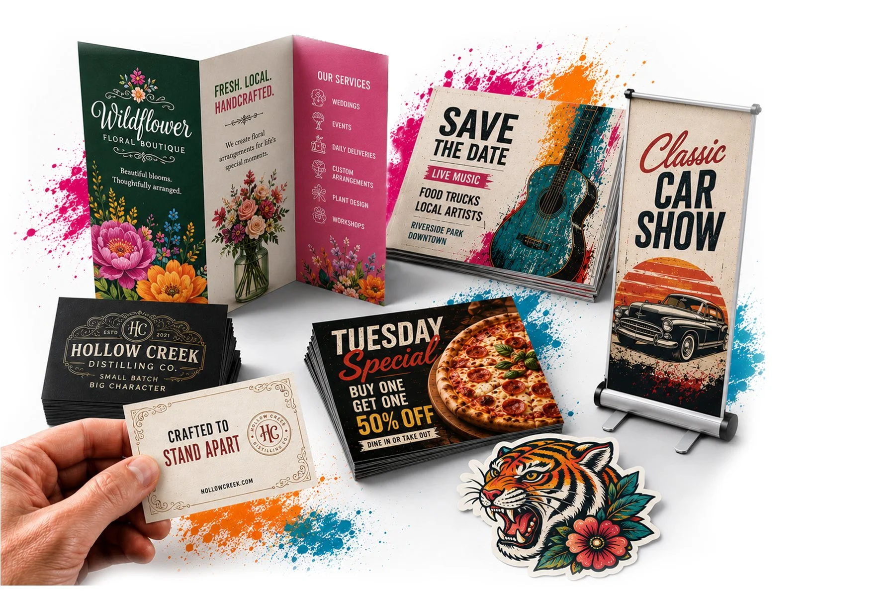 A collection of printed promotional materials, including flyers, posters, business cards, and stickers, displayed with vibrant background splashes of pink, orange, and blue paint.