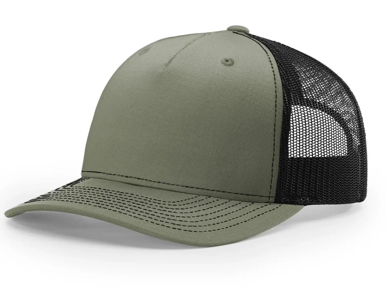 Olive green and black trucker cap with mesh back and curved brim.
