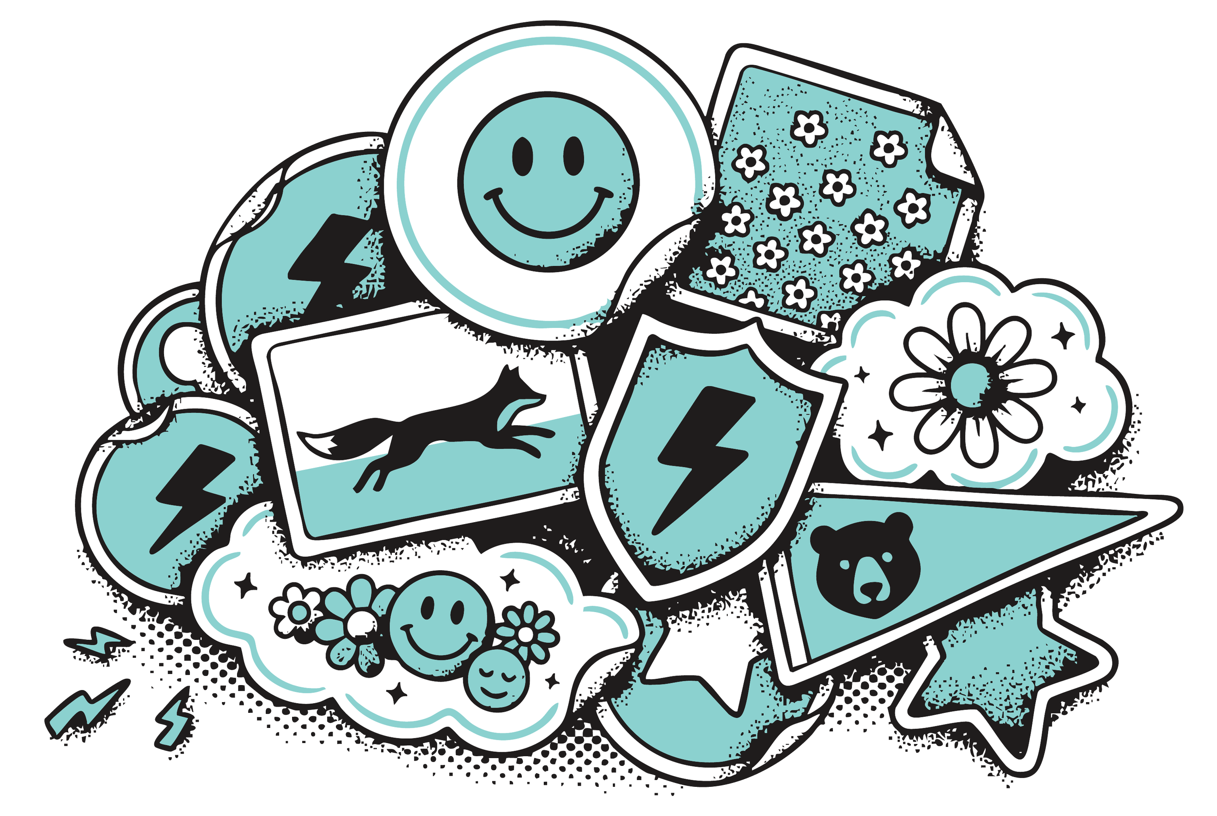 Collection of stickers with smiley faces, flowers, clouds, lightning bolts, a bear face, and energy shield symbols in a retro cartoon style.