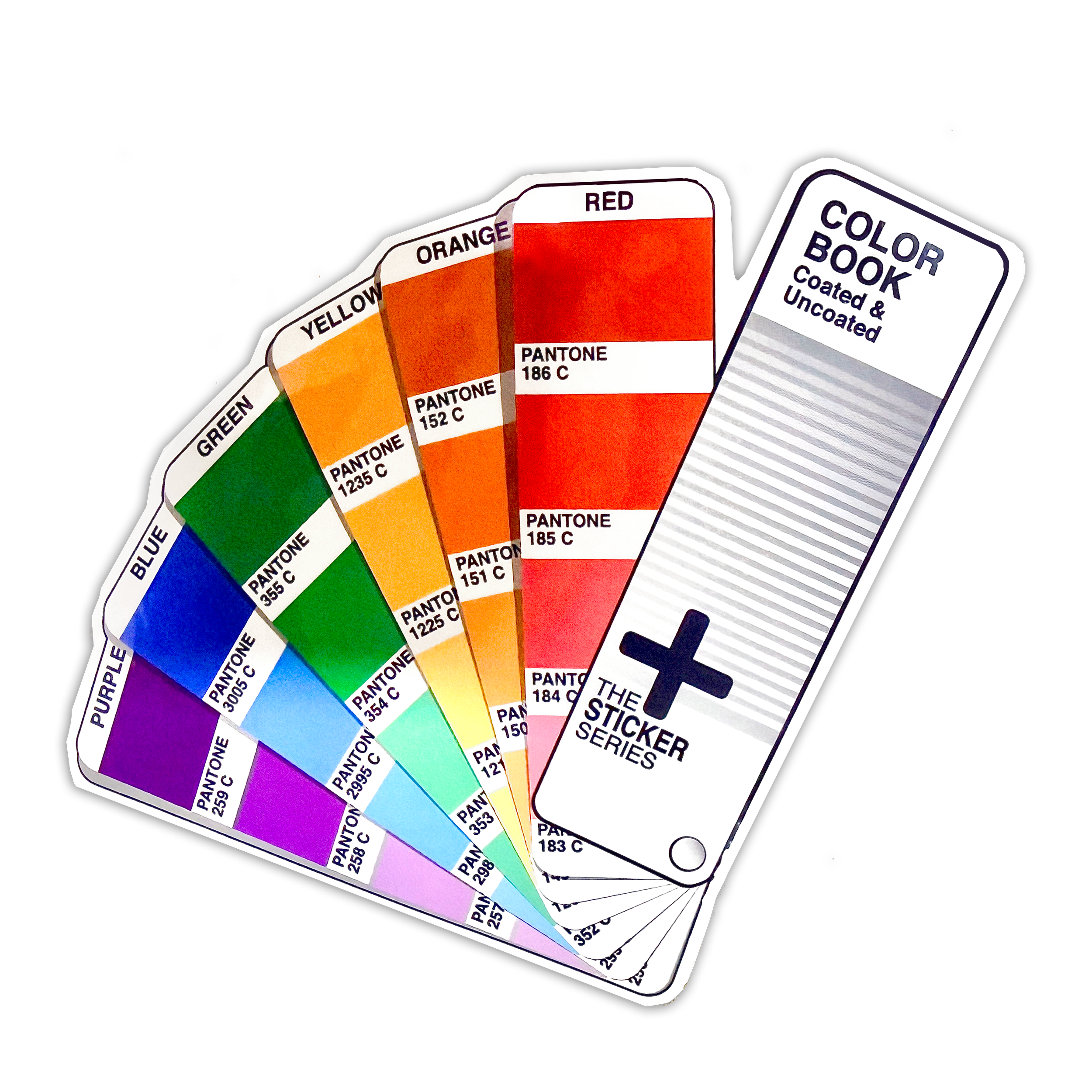 Color swatch cards fan out with labels for different colors and their corresponding Pantone codes, along with a partially visible text for a sticker series at the end.