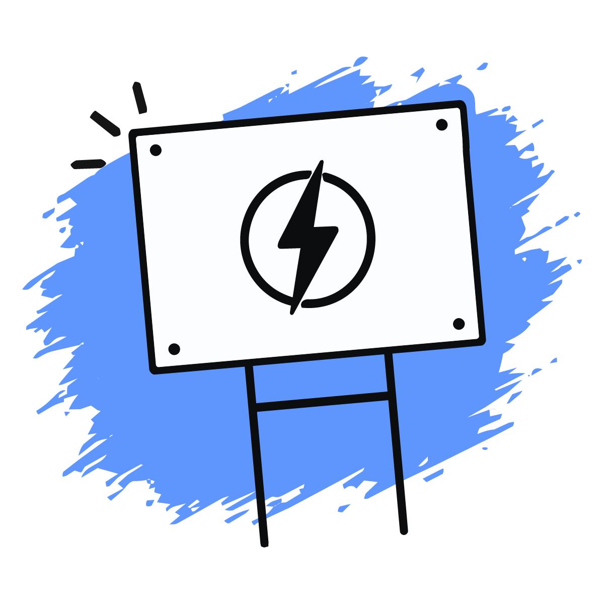 Drawing of an electrical warning sign with a lightning bolt symbol on a white rectangular board on a stand, with a blue background and black outlines.