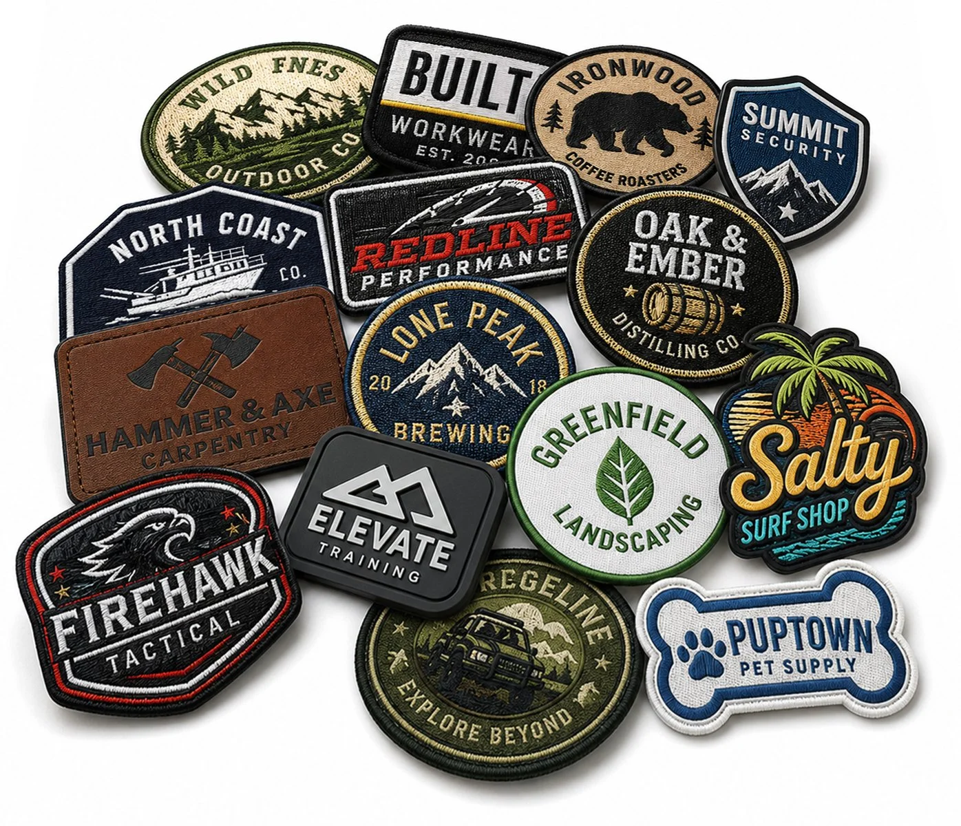 A collection of various patches with outdoor, military, and branding themes, including mountains, bears, boats, trees, and logos for different companies and activities.