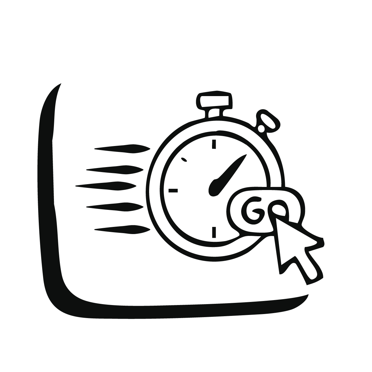 Black and white illustration of a stopwatch with a cursor pointing at a 'Go' button, indicating the start of a timed activity.