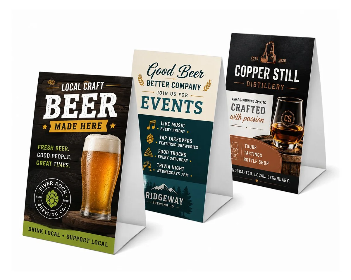 Tri-fold beer and distillery promotional cards featuring images of beer glasses, event details, and distillery branding.