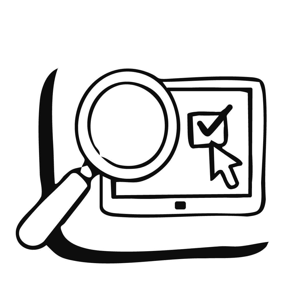 Black and white illustration of a computer screen with a cursor clicking a checkbox, a magnifying glass over the screen, and a coffee cup.