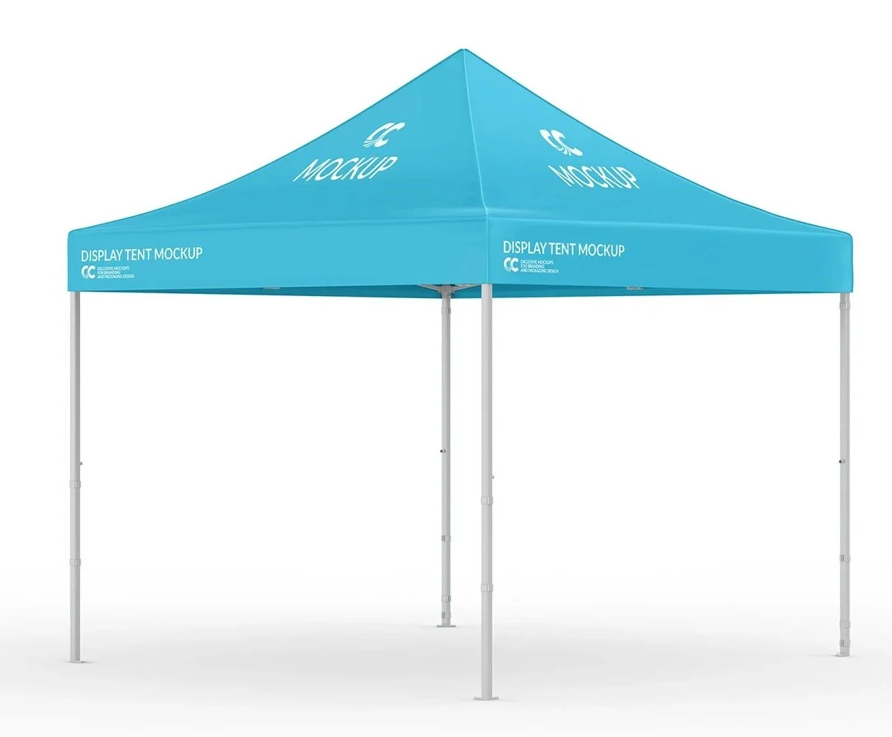 Blue display tent mockup with white text and four metal poles